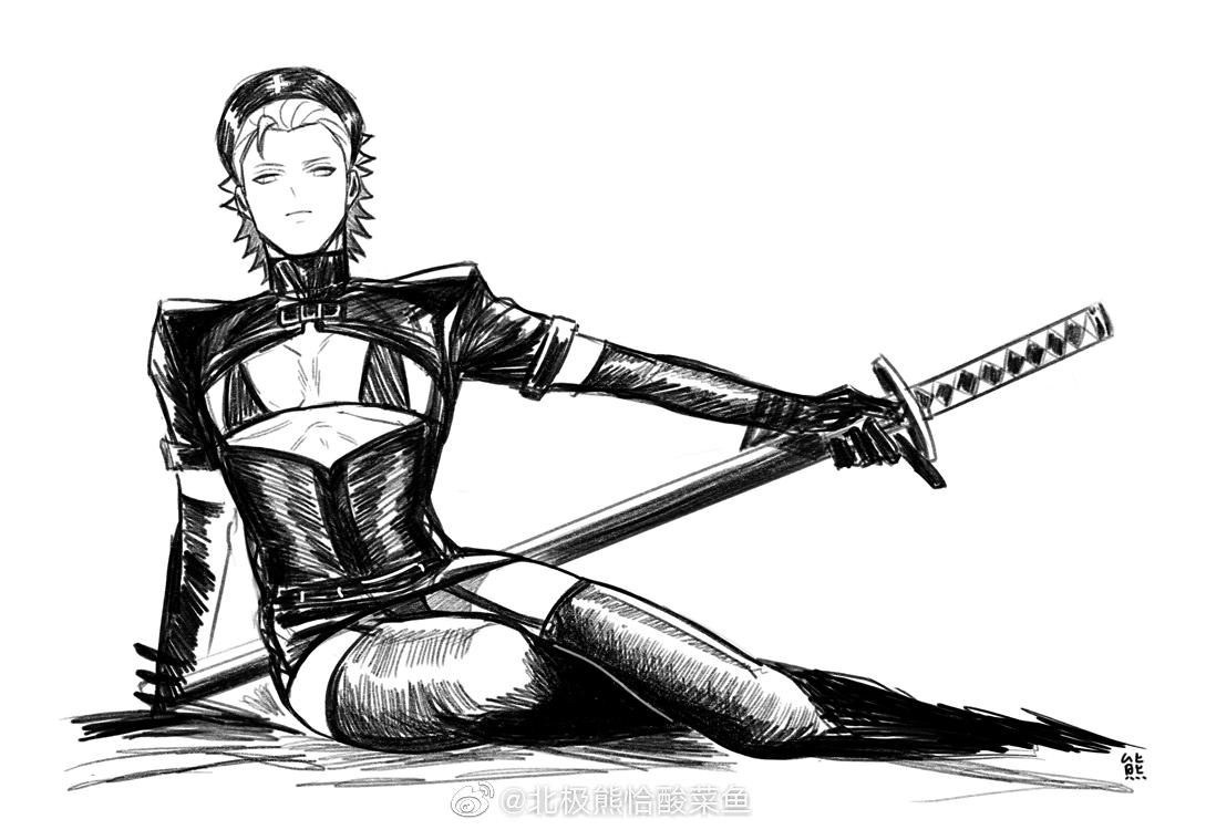 1boy crossdressing devil_may_cry devil_may_cry_3 femboy feminine_male looking_at_viewer male male_only monochrome solo sword vergil