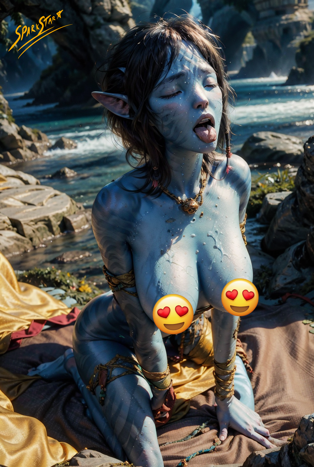 ai_generated alien alien_girl avatar big_breasts blue_skin censored closed_eyes cum_covered dark_hair facial horn jewelry long_ears na'vi nature nature_background on_knees open_mouth river short_hair spark_star tongue_out wanting_more