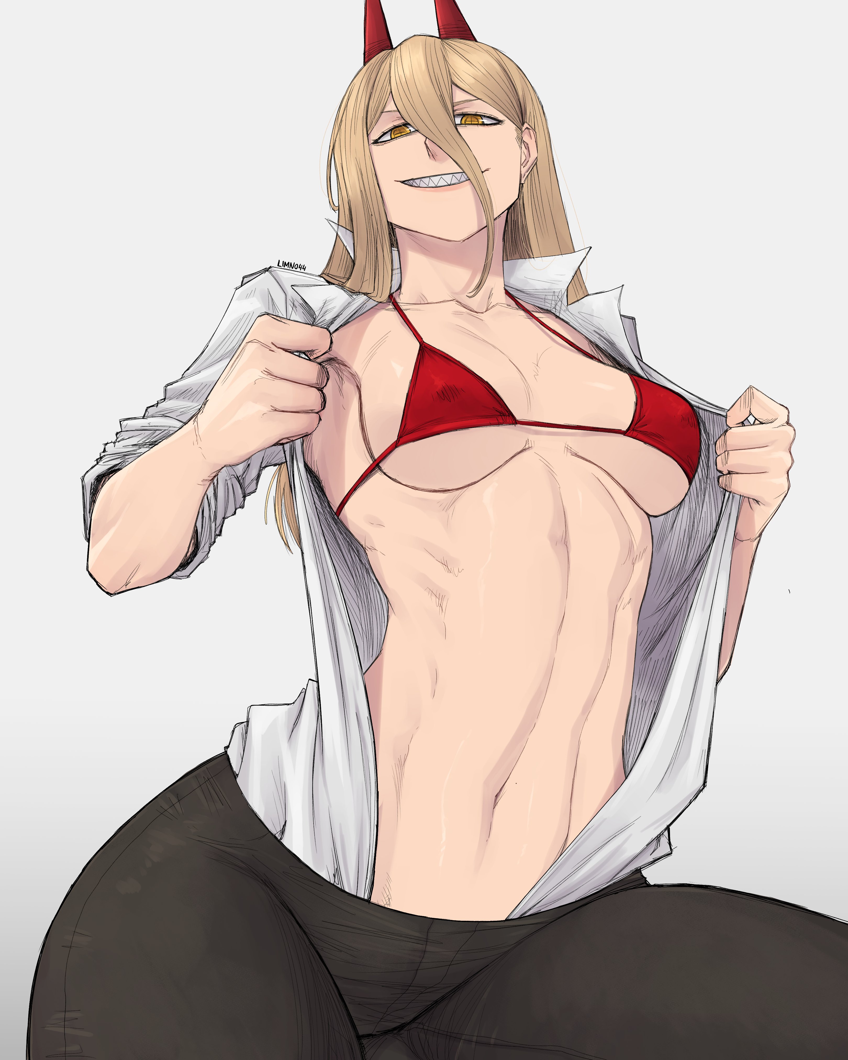 1girls, bikini, bikini top, breasts, chainsaw man, clothed, clothed female, female, light skin, light-skinned female, limn044, looking at viewer, nipples, nipples visible through clothing, open shirt, power (chainsaw man), small breasts