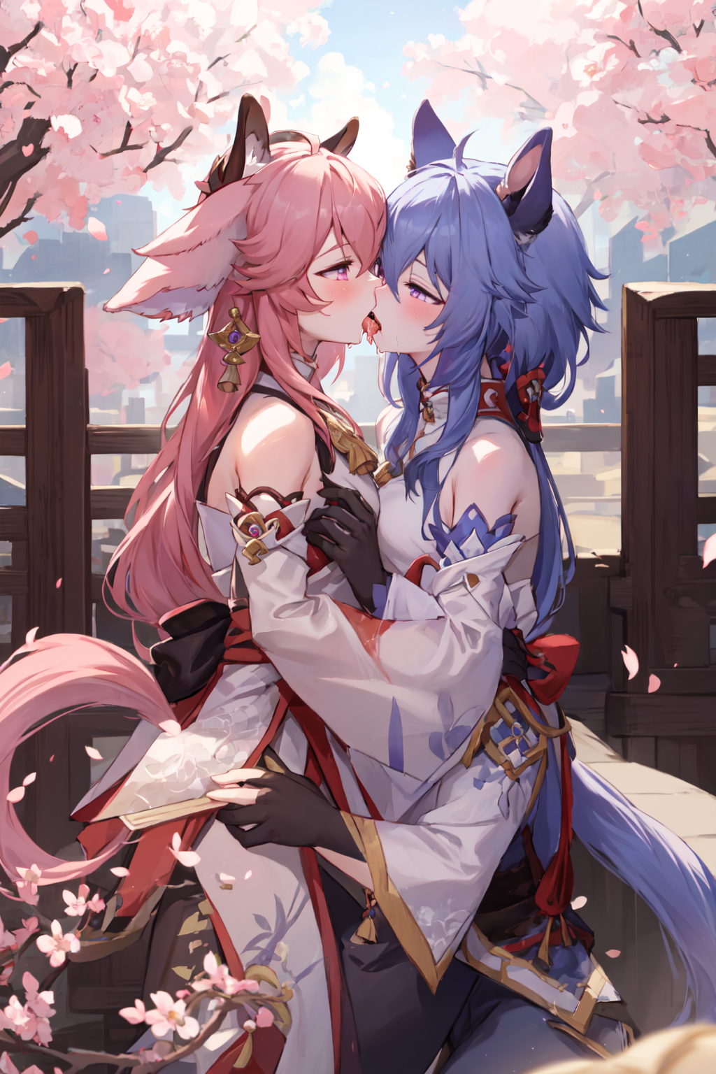 2girls ahoge ai_generated animal_ears bangs bare_shoulders black_gloves blue_eyes blue_hair blush cherry_blossoms day detached_sleeves eye_contact eyebrows_visible_through_hair flower fox_ears fox_girl fox_tail french_kiss ganyu_(genshin_impact) genshin_impact girls gloves hair_bell hair_ornament horse_ears horse_girl horse_tail japanese_clothes kemonomimi kemonomimi_mode kimono lesbian_couple lesbian_kiss long_hair long_sleeves looking_at_another open_mouth outdoors petals pink_flower pink_hair purple_eyes sky standing tail tongue tongue_kiss tongue_out transformation tree very_long_hair wide_sleeves yae_miko yuri