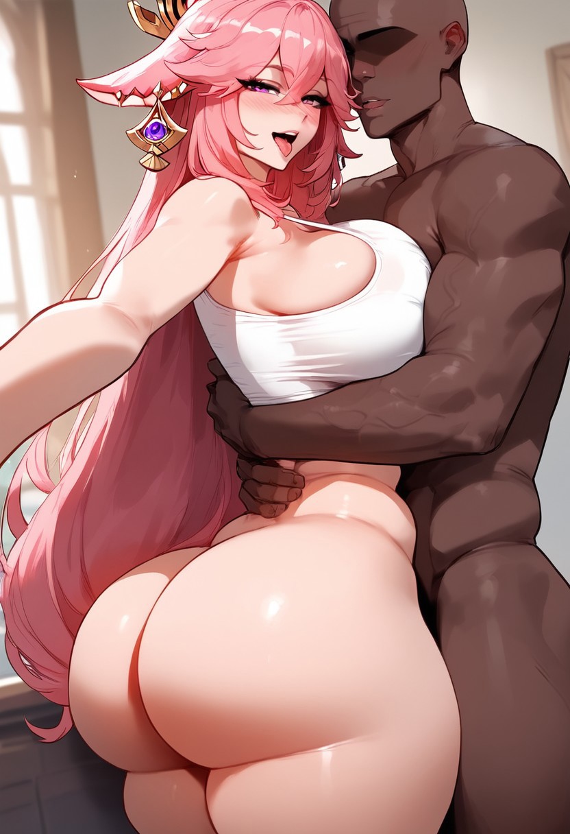 1boy1girl ai_generated big_ass big_breasts big_hips big_thighs curvy dark-skinned_male genshin_impact interracial pink_hair soujii tank_top thiccwithaq_(ai_style) thick_ass thick_hips thick_thighs tongue wide_hips yae_miko