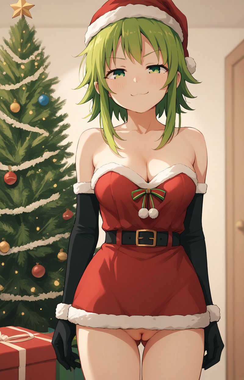 :3 ai_generated belt black_gloves bottomless cleavage cleft_of_venus elbow_gloves female green_eyes green_hair gumi miniskirt narrow_waist pussy santa_costume santa_hat sidelocks smug solo upskirt vocaloid