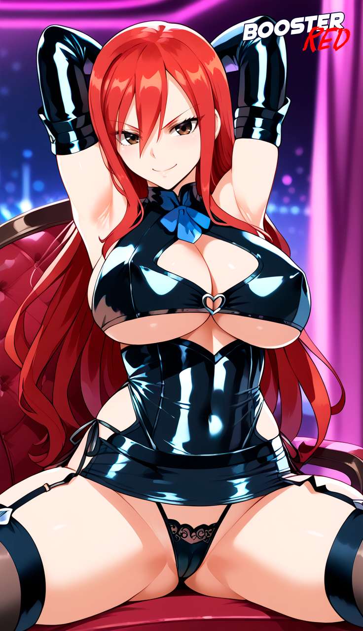 adjusting_panties ai_generated arms_above_head bare_shoulder bodycon boosterred99 bridal_gauntlets brown_eyes cameltoe cleavage clothing_cutout covered_navel covered_nipples cutout dress erza_scarlet fairy_tail female female_only large_breasts latex_panties legs legs_apart long_hair open_legs post-timeskip red_hair ring seductive_smile shiny_clothes side-tie_panties side_locks sideboob sitting sitting_on_chair skirt solo stockings underboob wavy_hair