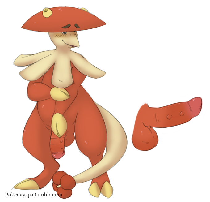 1boy alder_the_breloom anthro balls bashful blush breloom bumpy_penis covering covering_self erection flaccid looking_away male male_only nintendo nude penis pokedayspa pokemon solo standing video_games