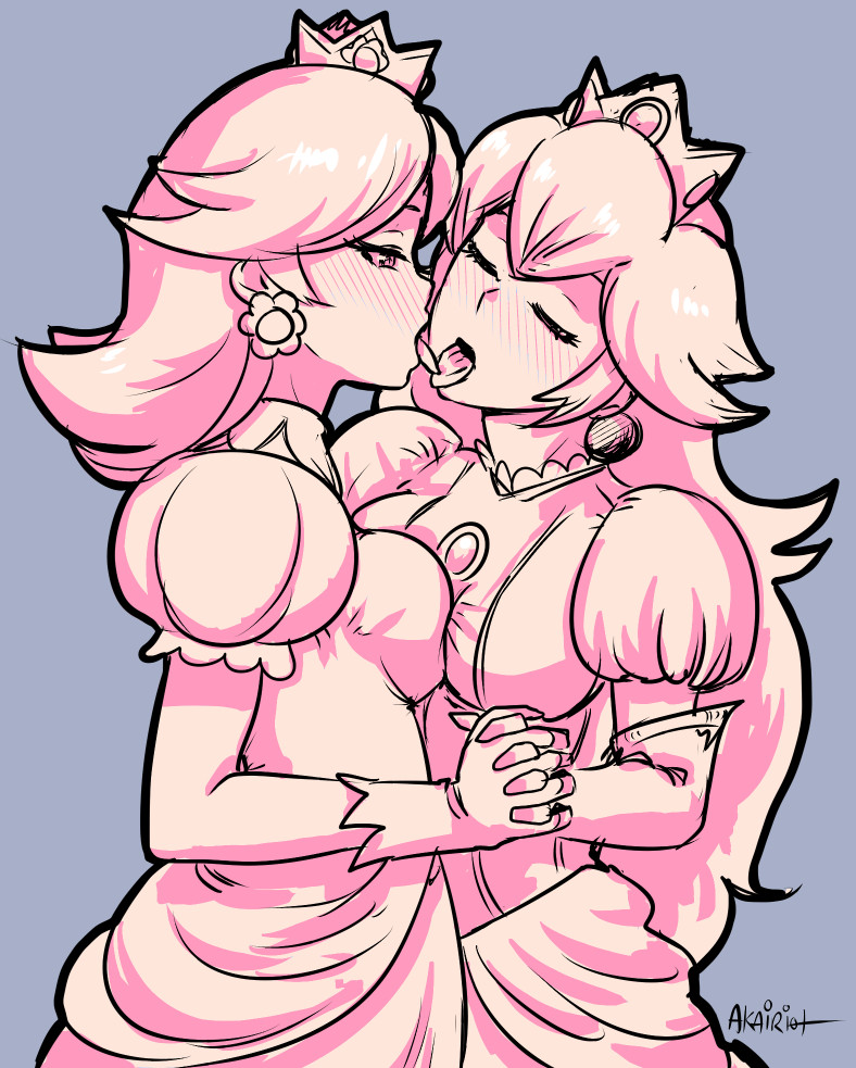 2girls, akairiot, blush, closed eyes, clothed, clothing, crown, dress, earrings, female, female only, french kiss, fully clothed, gloves, half-closed eyes, holding hands, interlocked fingers, long hair, mario (series), multiple females, multiple girls, nintendo, open mouth, princess daisy, princess peach, simple background, standing, tongue, tongue out, yuri