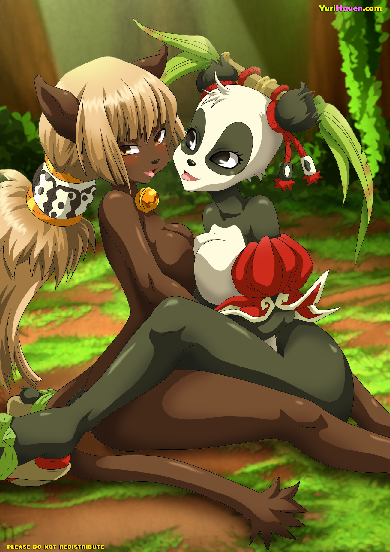 2girls, ankama, blush, breast squeeze, breasts, dofus, ecaflip, feet, feline, female, female only, flip flops, footwear, furry, looking at viewer, multiple females, palcomix, panda, pandawa, sandals, tagme, toes, wakfu, yuri, yurihaven.com