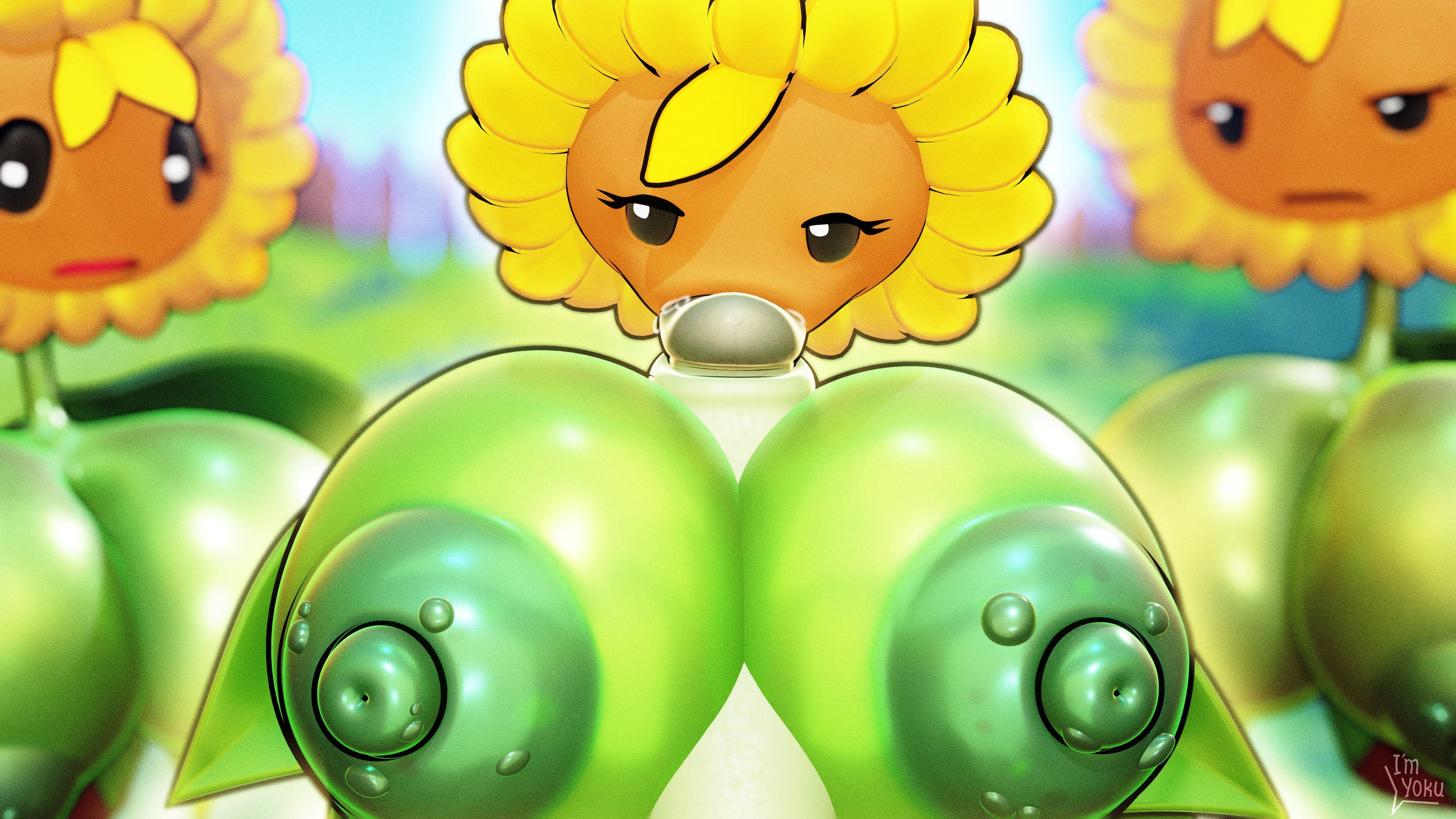 3d, 3d (artwork), 3girls, anthro, anthrofied, ass, big breasts, breasts, cleavage, electronic arts, fellatio, flora fauna, huge breasts, oral, paizuri, plant, plant humanoid, plantie, plants vs zombies, plants vs. zombies, popcap games, shiny skin, sunflower (pvz), video game character, video games, yoku (artist)