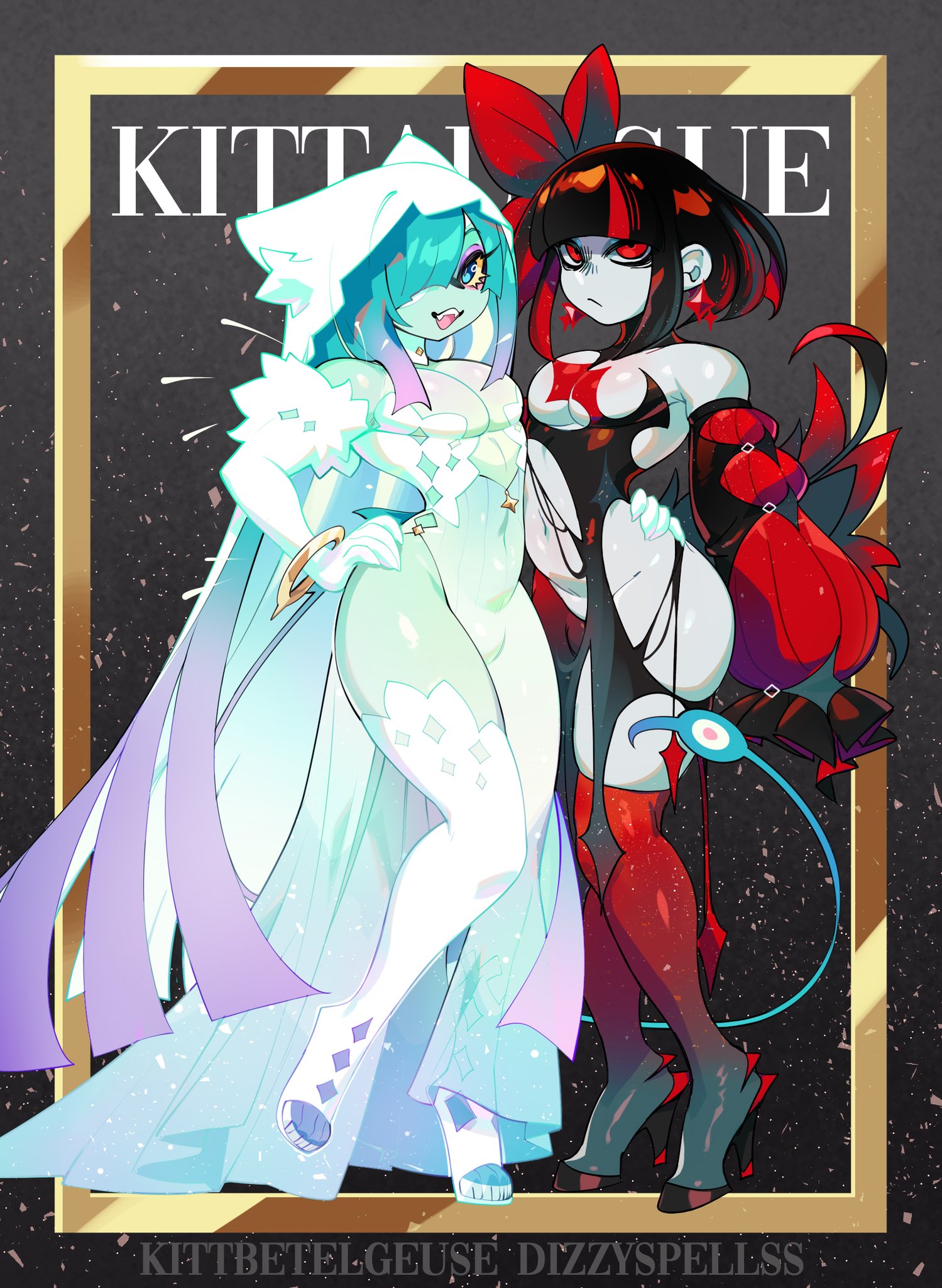 2boys, 2femboys, arm warmers, black hair, blue eyes, blue hair, bow, bow ribbon, bracelet, bulge, bulge through clothing, bulge under clothes, cat boy, cat humanoid, catboy, collaboration, dizzyspells, dress, dress bulge, earrings, eye covering bang, femboy, femboy focus, femboy only, femboy/femboy, feminine male, gray skin, grey skin, hand on hip, hand on waist, heels, high heels, kittbetelgeuse, long hair, looking at viewer, multiple boys, pink hair, pink highlights, red eyes, red hair, scythe (dizzyspells), tagme, thigh highs, thighhighs, twink, velo (kittbetelgeuse)
