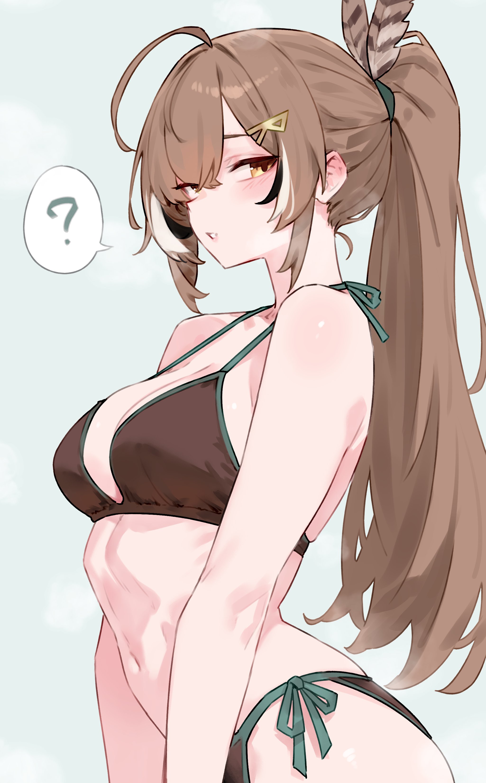 ahoge, bikini, bluefield, brown hair, green bikini, hololive, hololive english, nanashi mumei, ponytail, spoken question mark, tagme, virtual youtuber