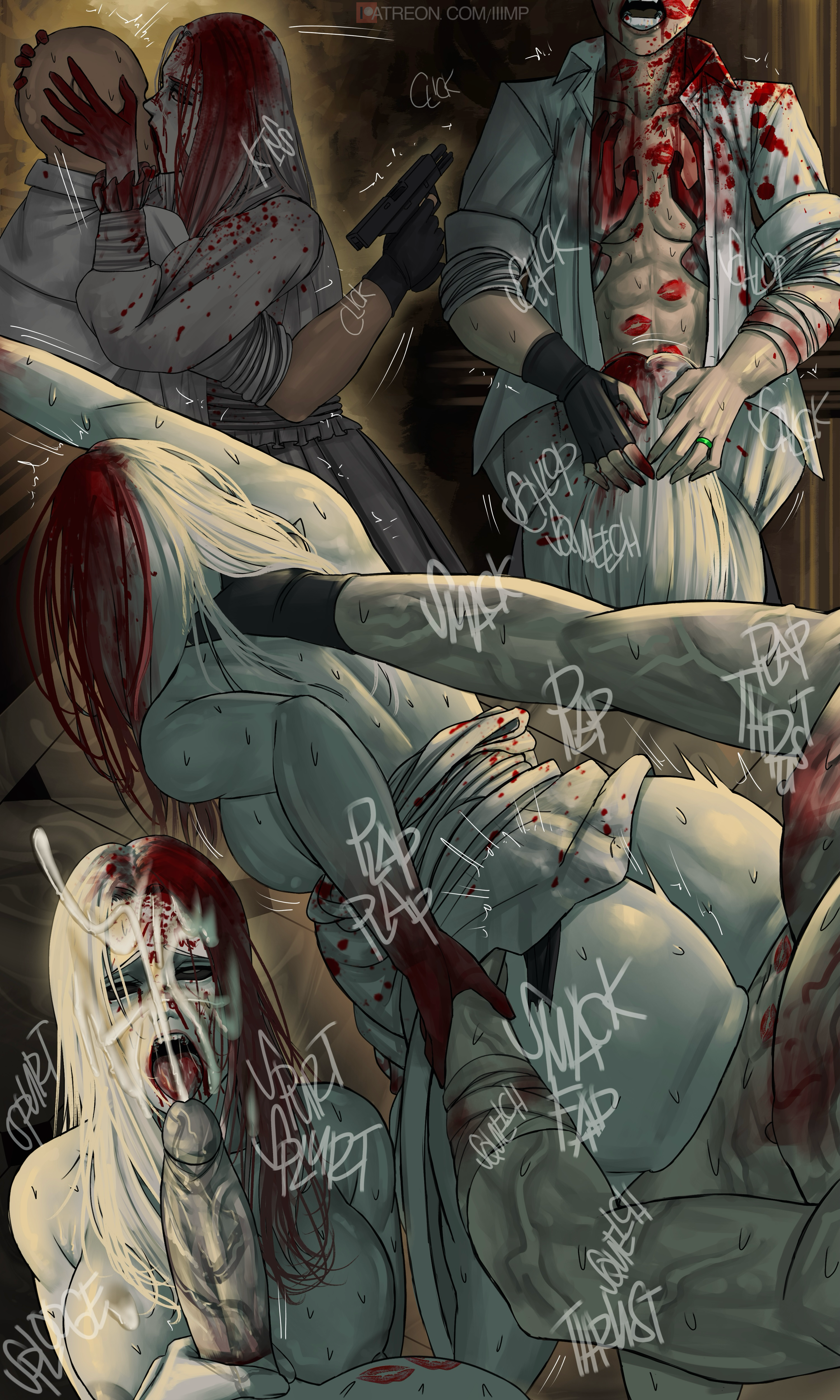 1boy, 1girls, anonymous male, bald, big ass, big breasts, big penis, blood, blood on face, blood stain, bloody clothes, blowjob, clothed, clothed sex, corruption, doggy style, domination loss, dress, facial, failed attempt, failed resistance, fellatio, fingerless gloves, forced, forced kiss, gun, hand mark, iiimp, kiss mark, kiss marks, muscular, muscular male, neck bite, neck grab, pistol, rape, resident evil, resident evil 9: requiem, reverse forced oral, reverse rape, selena corey, sex from behind, standing, standing doggy style, standing sex, vein, veiny muscles, wedding ring, white hair, zombie, zombie girl, zombification