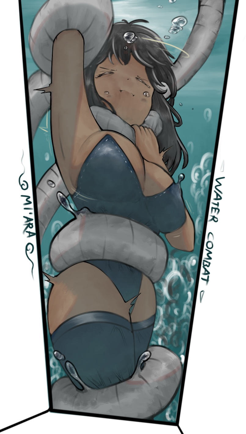 1girls, ambiguous gender, brown skin, closed eyes, closed mouth, dark hair, drowning, female, frisk, kronworld, large breasts, medium hair, mi'ara, neck grab, onionsan, peril, restrained, tentacle, undertale, undertale (series), underwater, water