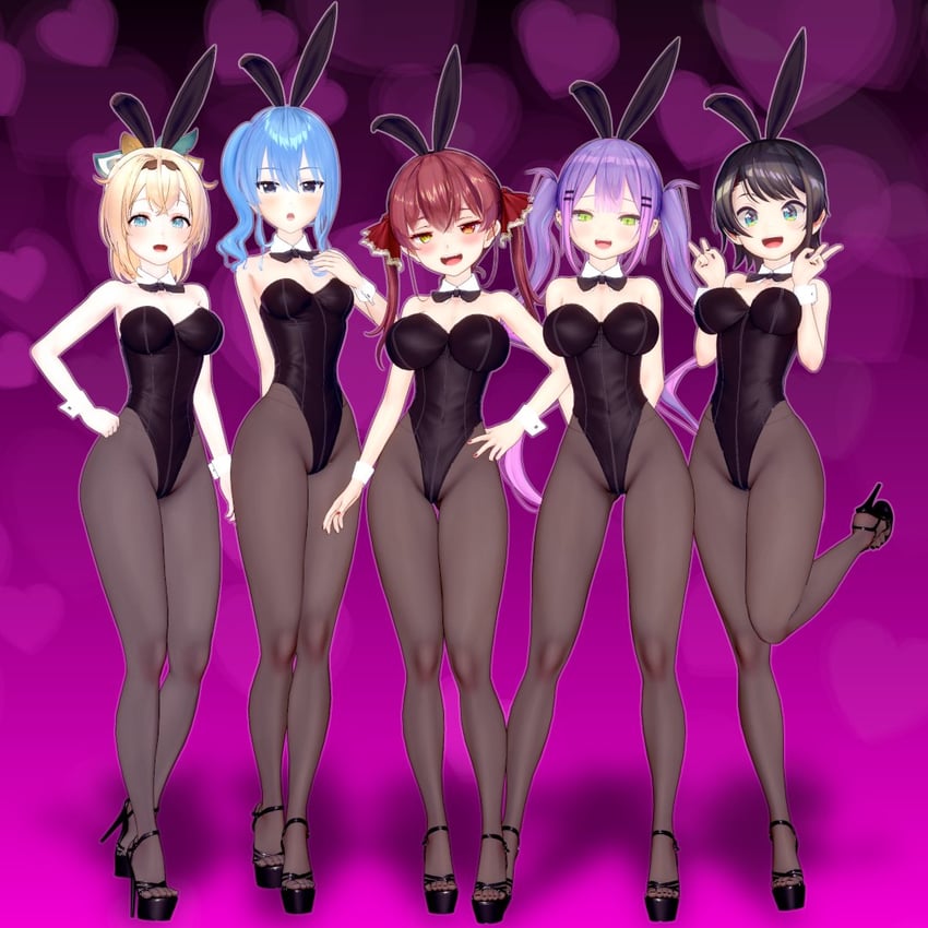 4girls, bunny ears, group picture, hololive, hoshimachi suisei, houshou marine, itshollu, kazama iroha, leotard, medium breasts, oozora subaru, posing, tokoyami towa, virtual youtuber