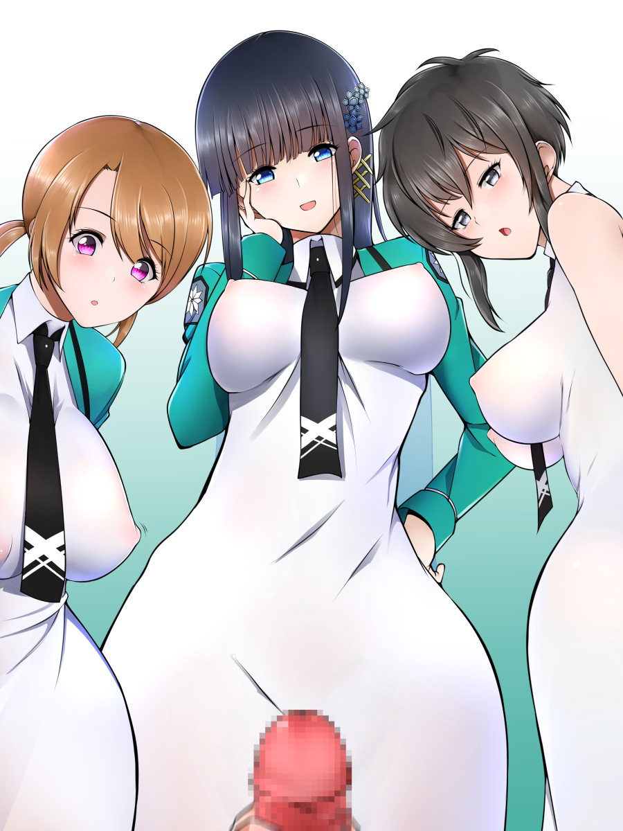 3girls bare_shoulders black_hair blue_eyes blush brown_hair censored dress grey_eyes hair_ornament kitayama_shizuku long_hair mahouka_koukou_no_rettousei masturbation mitsui_honoka mosaic_censoring multiple_girls necktie nipples open_mouth penis pink_eyes shiba_miyuki short_hair tied_hair twintails