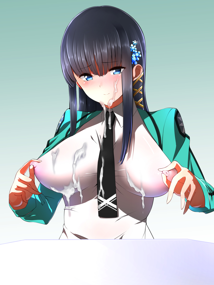 areolae black_hair blue_eyes blush breasts cum cum_on_breasts cum_on_clothes erect_nipples facial female hair_ornament highres impossible_clothes impossible_shirt large_breasts long_hair mahouka_koukou_no_rettousei necktie nipple_tweak nipples pointy_breasts school_uniform see-through shiba_miyuki shirt shumichi smile solo