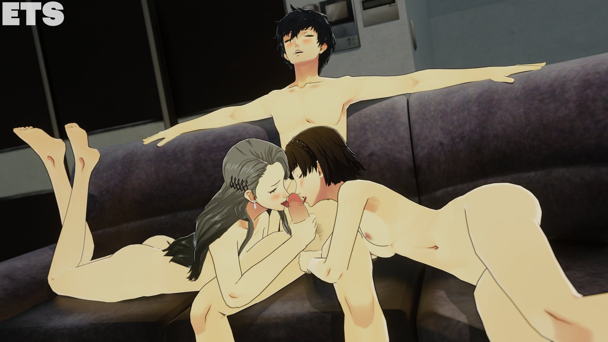 1boy, 1boy2girls, 2girls, 2girls1boy, 3d, accurate art style, ass, barefoot, black hair, blowjob, blush, brown hair, closed eyes, couch, couch sex, double blowjob, double fellatio, earring, eulathighstraps, feet, feet up, fellatio, grey hair, incest, legs, licking penis, long sleeves, makoto niijima, medium breasts, milf, nude, nude female, nude male, official style, oral, oral sex, persona, persona 5, pubic hair, ren amamiya, sae niijima, sisters, sitting on couch, sitting on person, skinny, slim, small breasts, soles, stroking balls, stroking penis, teen, thighs, threesome
