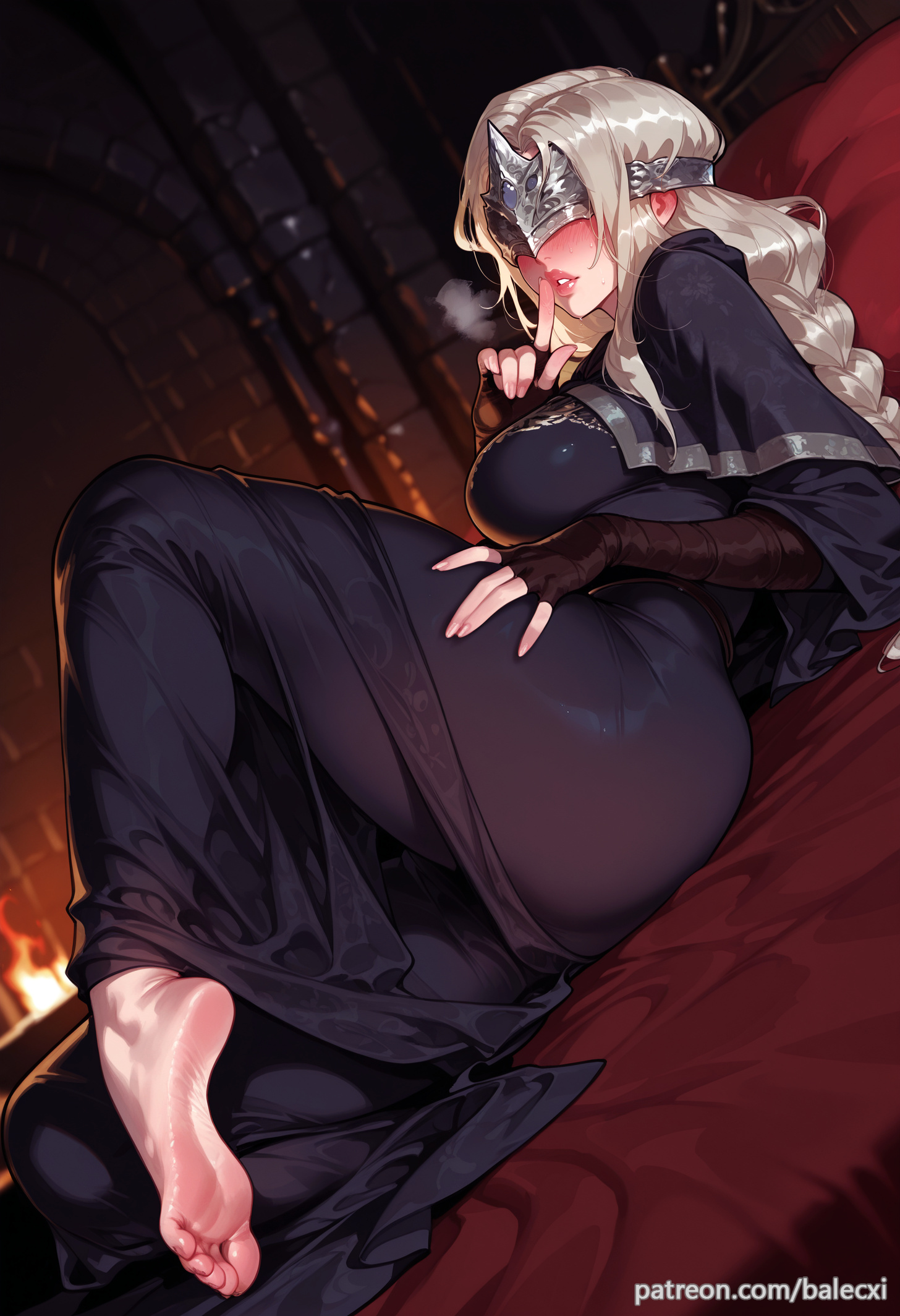 ai generated, balecxi, barefoot, black dress, blindfold, blush, capelet, covered eyes, dark souls, dark souls 3, eye mask, feet, female, finger to mouth, fingerless gloves, fire keeper, fromsoftware, gloves, large breasts, long hair, lying, parted lips, patreon username, soles, solo, toes