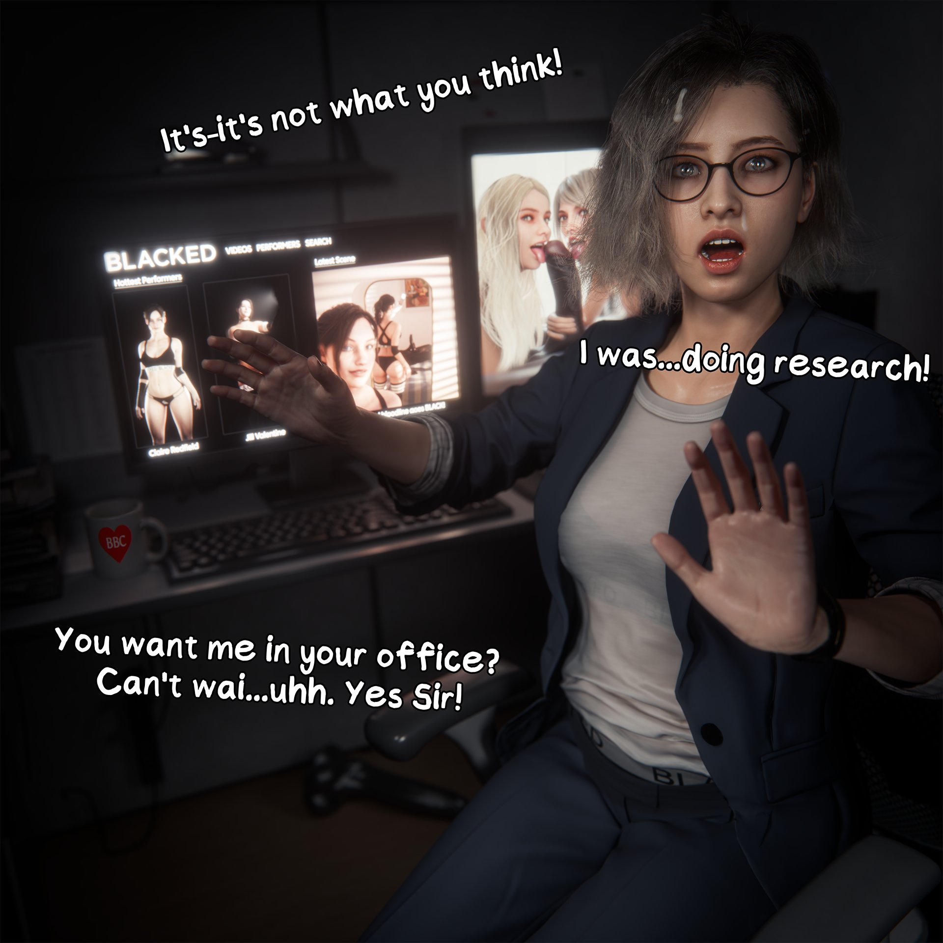 1boy, 1girls, 3d, 3d (artwork), blacked, blonde hair, blue eyes, bnwo, capcom, currysfm, dark skin, dark-skinned male, female, female focus, glasses, grace ashcroft, interracial, male, male pov, pov, queen of spades, resident evil, resident evil 9: requiem, tagme, uncensored