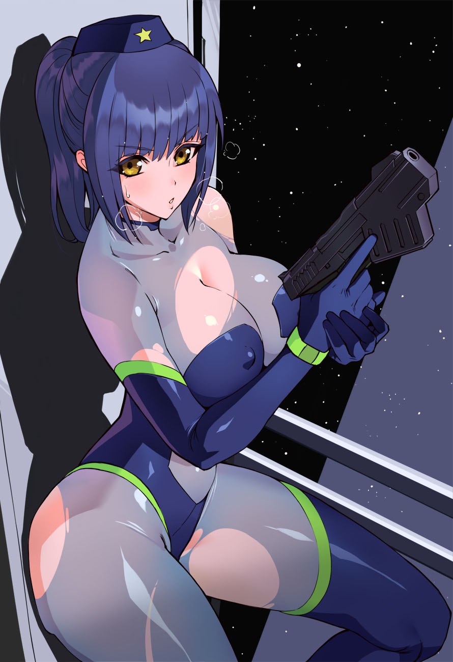 1girls, 2023, blue hair, bodysuit, cleavage, commission, dark blue hair, gun, hourglass figure, human, human female, koooon soft, koooon soft space girl, large breasts, light-skinned female, medium hair, nanamesohuutei, ponytail, slim waist, solo, space, space girl (koooon soft), spacecraft, spaceship, steam, steamy breath, thick thighs, torn bodysuit, torn clothes, wide hips, yellow eyes