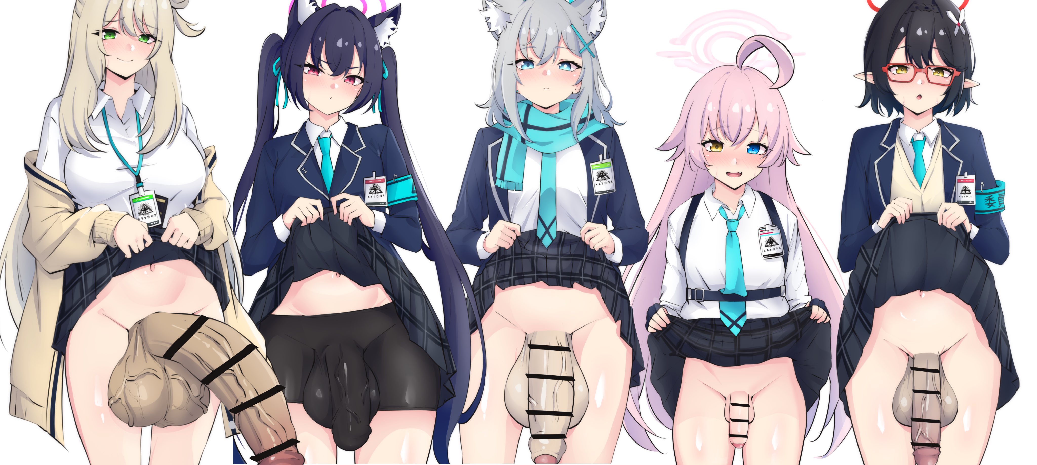 5futas, abydos high school student, animal ears, ayane (blue archive), bar censor, big cock, big dick, big penis, blue archive, blush, blush lines, blushing, bottomless, bulge, bulge through clothing, bulge under clothes, cat ears, cat girl, catgirl, censored, cock, dick, dickgirl, dress lift, elf, elf ears, elf futa, enormous cock, enormous dick, enormous penis, exposed penis, exposing, exposing self, futa, futa focus, futa only, futanari, giant cock, giant dick, giant penis, height difference, hoshino (blue archive), huge cock, huge dick, huge penis, human, latte daruta2, lifting own clothes, lifting skirt, looking at viewer, multiple futa, multiple futanari, multiple futas, nonomi (blue archive), penis, penis size difference, pulling clothing, serika (blue archive), shiroko (blue archive), size comparison, size difference, spandex, spandex shorts, veiny cock, veiny dick, veiny penis, wolf ears, wolf girl