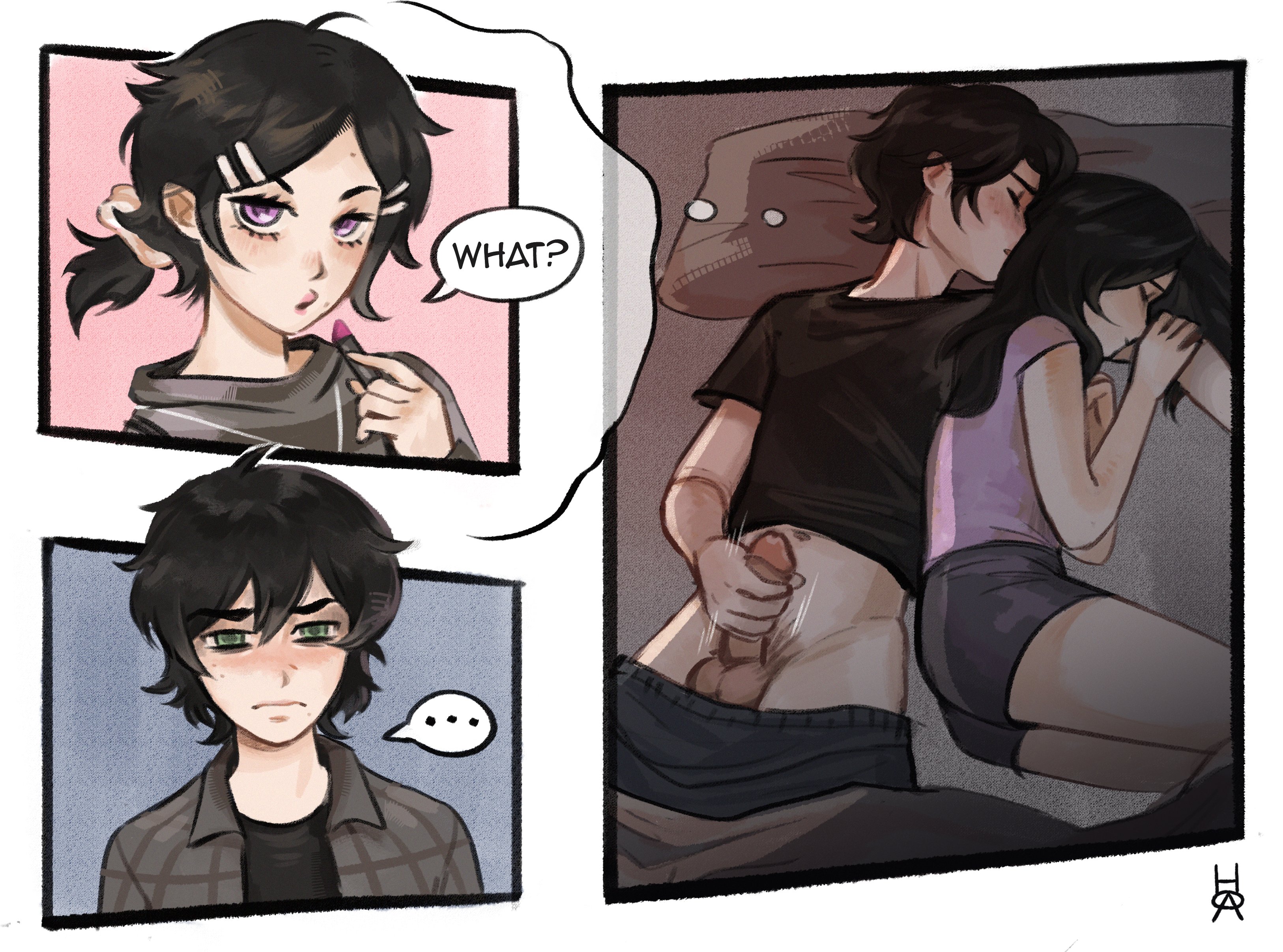 1boy, 1girls, 2d, andrew graves, ashley graves, bed, black hair, blush, brother and sister, closed eyes, clothed, dialogue, english text, fantasizing, female, green eyes, imagining, incest, lipstick, lying, lying on back, lying on bed, lying on side, male, masturbation, pants down, penis, phuonghoa198, pink eyes, siblings, sleeping, sniffing, sniffing hair, stealth masturbation, straight, teenager, the coffin of andy and leyley