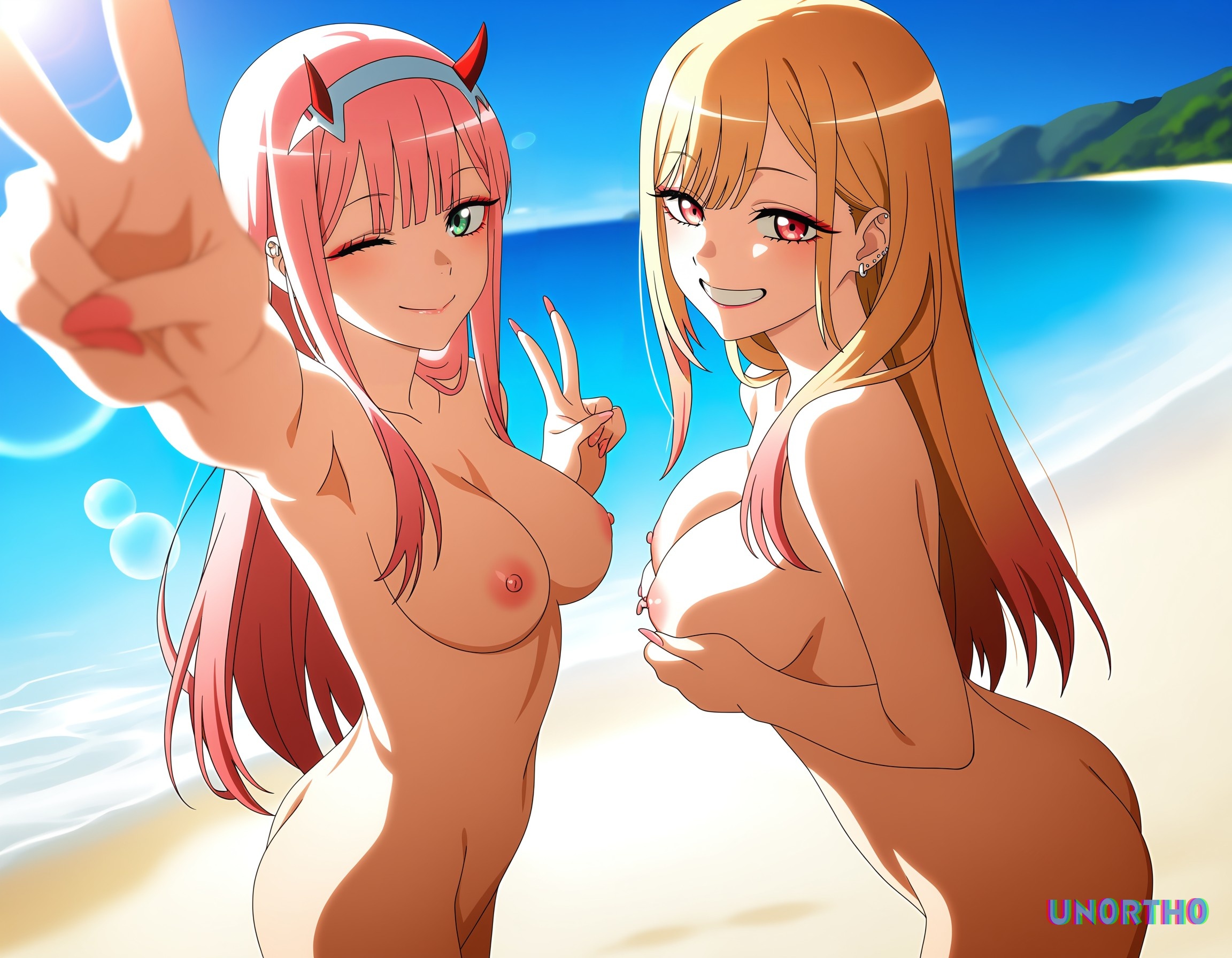 2girls, ai generated, beach, crossover, darling in the franxx, duo, duo focus, hi res, kitagawa marin, naked, sono bisque doll wa koi wo suru, sunny, tagme, un0rth0, zero two (darling in the franxx)