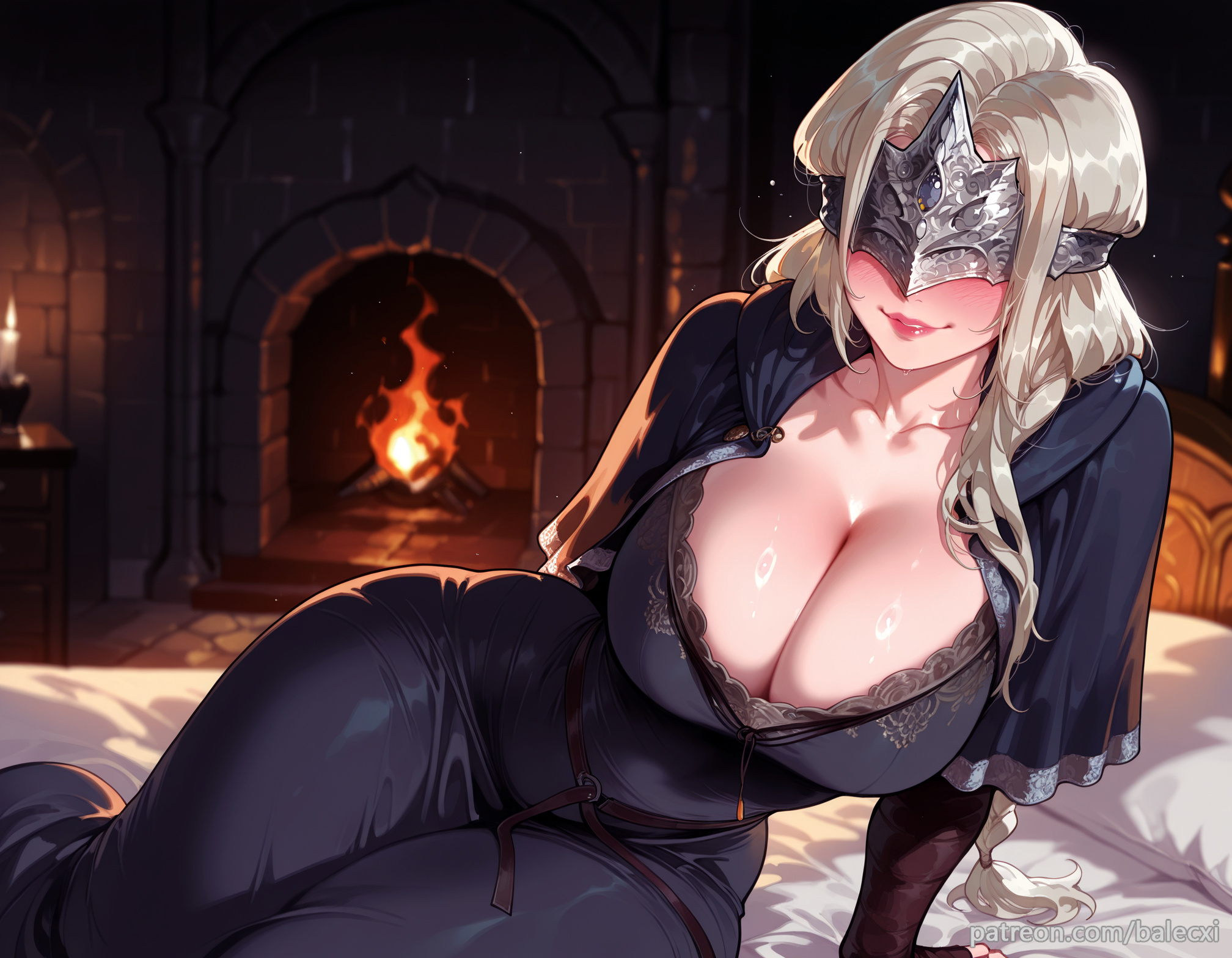ai generated, balecxi, bed, blindfold, blush, braid, candle, cleavage, covered eyes, dark souls, dark souls 3, dress, eye mask, female, fire keeper, fromsoftware, indoors, large breasts, long hair, patreon username, smile, solo, web address