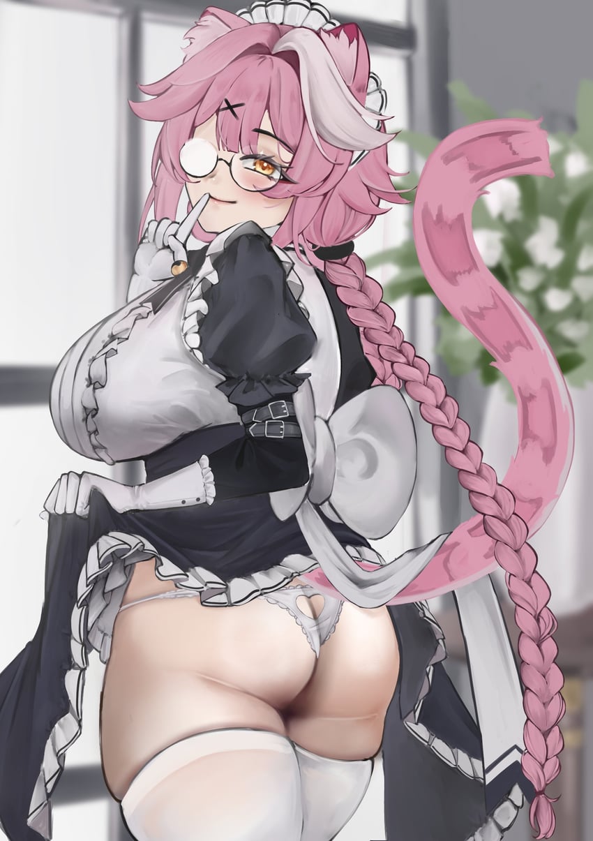 animal, apron, arm, ass, bell, belt, black-framed, blush, breasts, cutout, ear, eyewear, female, hololive, hololive english, hololive english -justice-, maid, raora panthera, raora panthera (maid), virtual youtuber, walkerdoggo