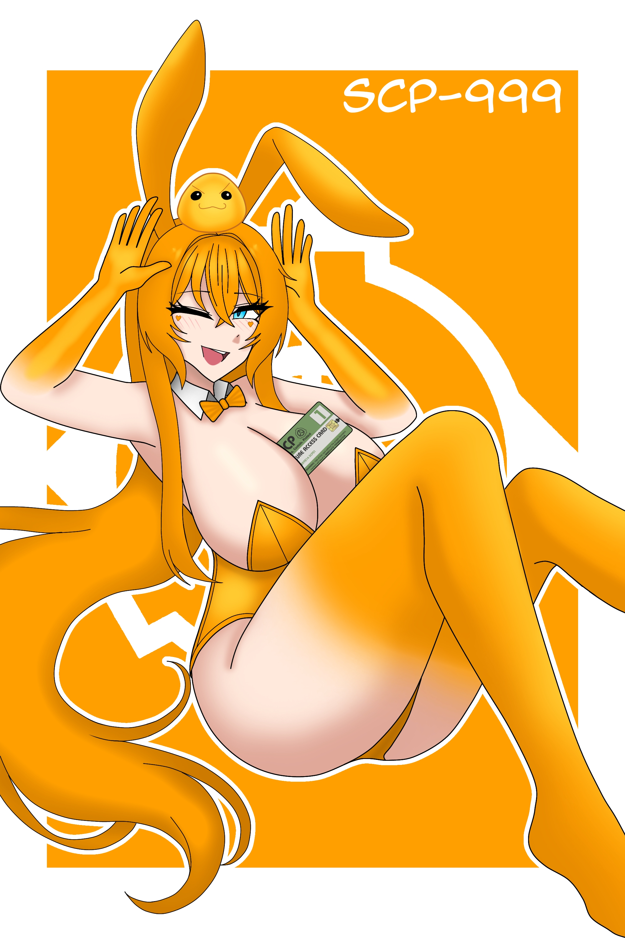 1girls, anthro, bangs, bikini bottom, bikini top, blue eyes, blush, bunny ears, bunny girl, cleavage, curvy, fluffy tail, hands on head, happy, humanized, humanized scp, id card, lagomorph, large breasts, legs spread, long hair, long legs, looking at viewer, lying down, micro bikini, nsfw, one eye closed, open mouth, orange bowtie, orange fur accents, orange hair, orange skin, palms forward, playful, rabbit, rabbit ears, reclining, scp foundation, scp-999, scp-999 (reptilia queen), slime, slime girl, smile, solo, thick thighs, tickle monster, white collar, wide hips, winking, yellow bikini, yellow blob