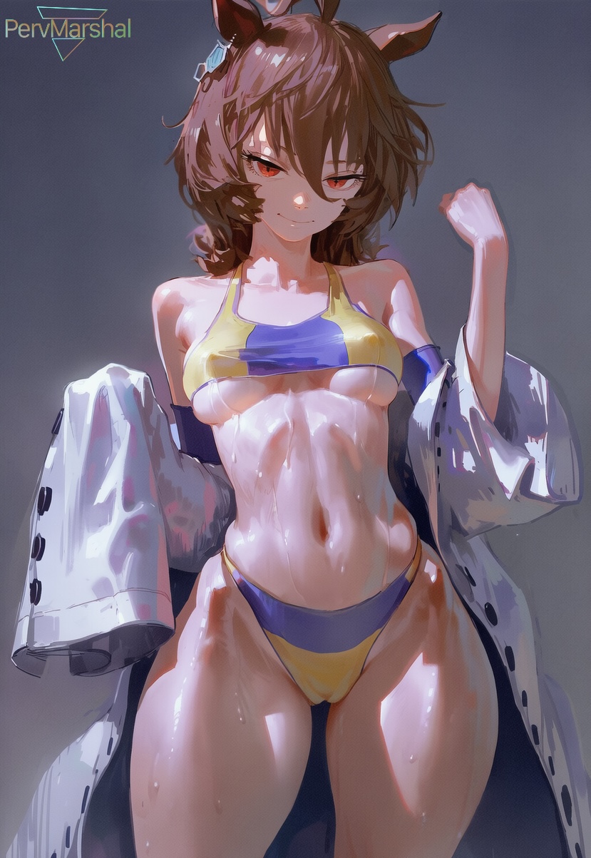 1girls, agnes tachyon (umamusume), ai generated, animal ears, brown hair, female, female only, labcoat, marshalperv, medium breasts, pervmarshal, red eyes, shiny skin, solo, sweat, umamusume, underwear, wide hips