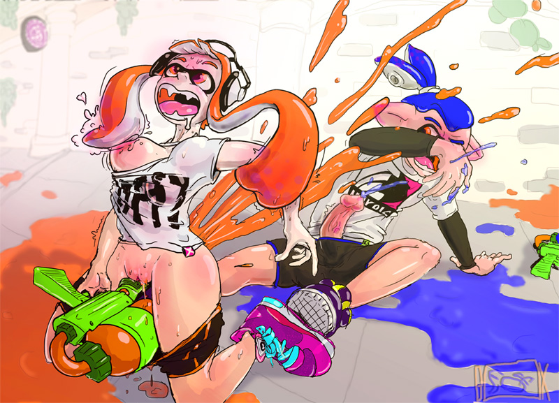 afoxinabox anthro blue_hair breasts cephalopod cephalopod_humanoid clothing cum cumshot detailed drooling erection exhibitionism female holding_breast inkling inkling_boy inkling_girl john_(splatoon) kaori_(splatoon) male marine mask_(marking) masturbation mutual_masturbation nintendo open_mouth orange_eyes orange_hair orgasm outside pants pants_down penis precum pussy pussy_juice pussy_juice_drip saliva smooth_skin splatoon splattershot spray squid squirt squirting tentacle tentacle_hair thighs video_games wet_t-shirt