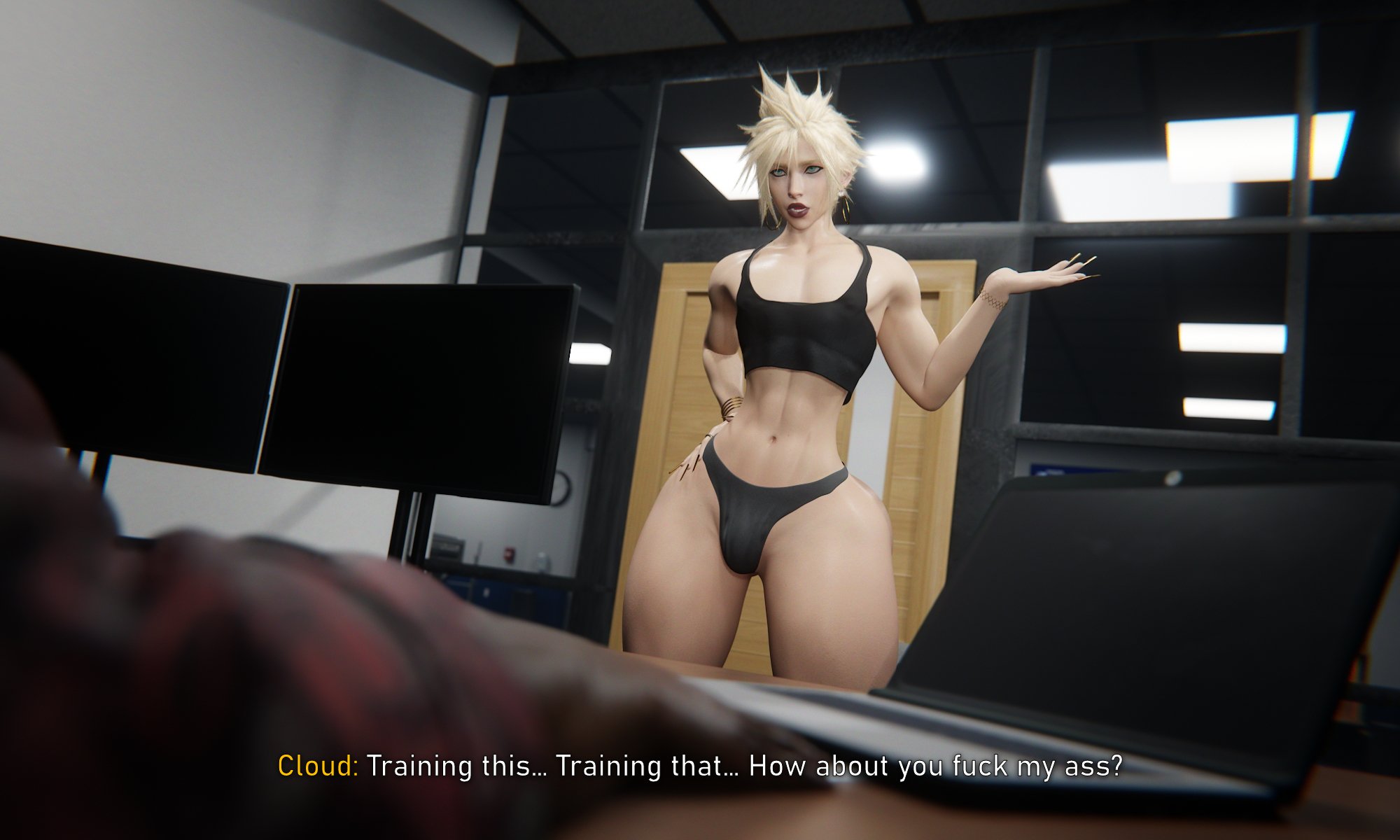 2boys, 3d, blenderdude, blonde hair, cloud strife, dark skin, dark-skinned male, femboy, final fantasy, final fantasy vii, final fantasy vii remake, gay, hoop earrings, interracial, light-skinned male, male, male only, office, penis bulge, small waist, square enix, subtitled, thick thighs, thong, toned male, wide hips, yaoi