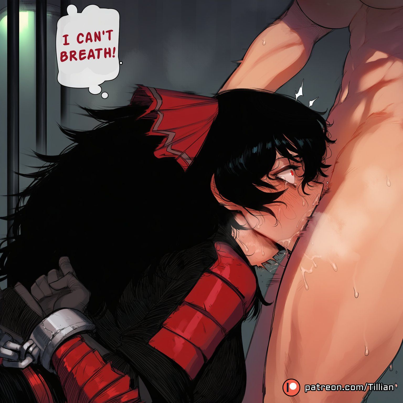 2girls, ai generated, black hair, blush, bondage, bound, bound wrists, breasts, chains, clothed female nude female, completely nude, crying, crying with eyes open, cuffs, cum in mouth, deepthroat, english text, fellatio, female, femdom, forced oral, from side, futa with female, futanari, gloves, hair ribbon, handcuffs, implied fellatio, incest, intersex, irrumatio, large breasts, long hair, mother, multiple females, multiple girls, muscular, muscular female, nude, oral, patreon username, rape, raven branwen, red eyes, red ribbon, ribbon, rwby, saliva, shackles, solo focus, speech bubble, sweat, tearing up, tears, thought bubble, tillian, wide-eyed, yang xiao long, yuri