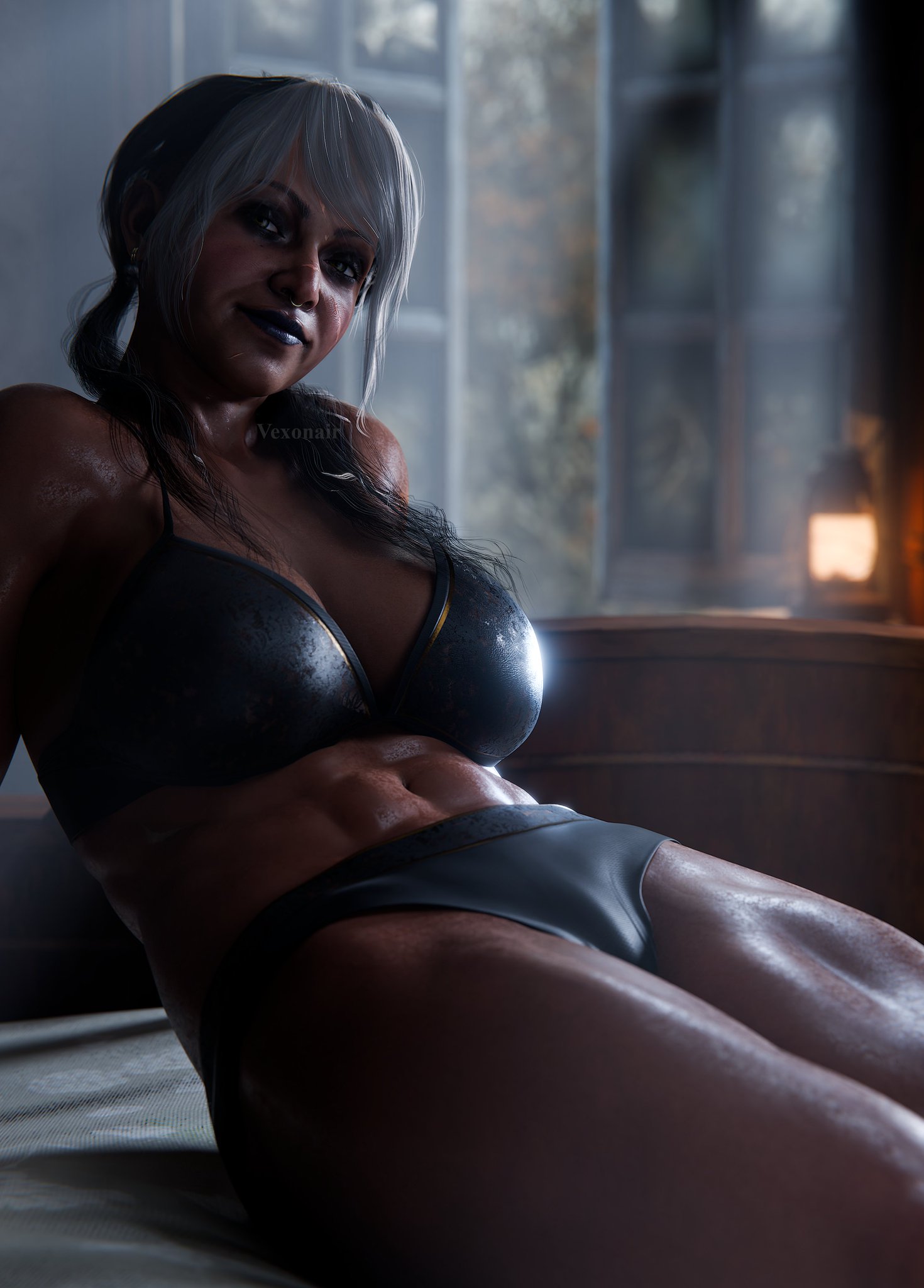1girls, 2024, 3d, 3d render, big breasts, black hair, bra, breasts, dbd, dead by daylight, female, female only, haddie kaur, makeup, muscular, muscular female, only female, panties, piercing, pussy, sitting, sitting on bed, solo, solo female, solo focus, sweaty body, two-tone hair, vexonair, white hair