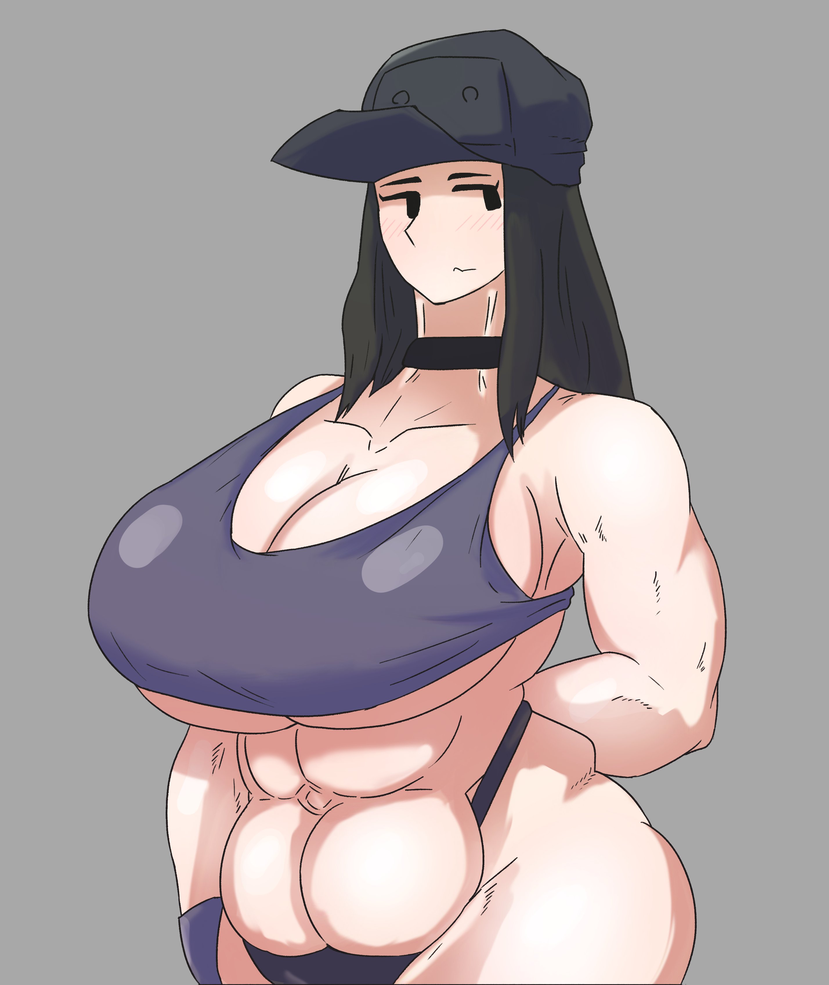 1girls, 925kyohei, abdominals, abs, arm behind back, arm down, belly, belly button, big breasts, big hips, big thighs, black choker, black eyes, black hair, black hat, black thong, black topwear, blush, breasts, cassette girl, choker, cleavage, cuffs, eyelashes, female, hat, headwear, high resolution, highres, huge breasts, huge hips, huge thighs, long hair, looking away, musclegut, muscular, muscular female, newgrounds, simple background, solo, solo female, strong female, strong woman, strongfat, thong, tight clothing, tight fit, topwear
