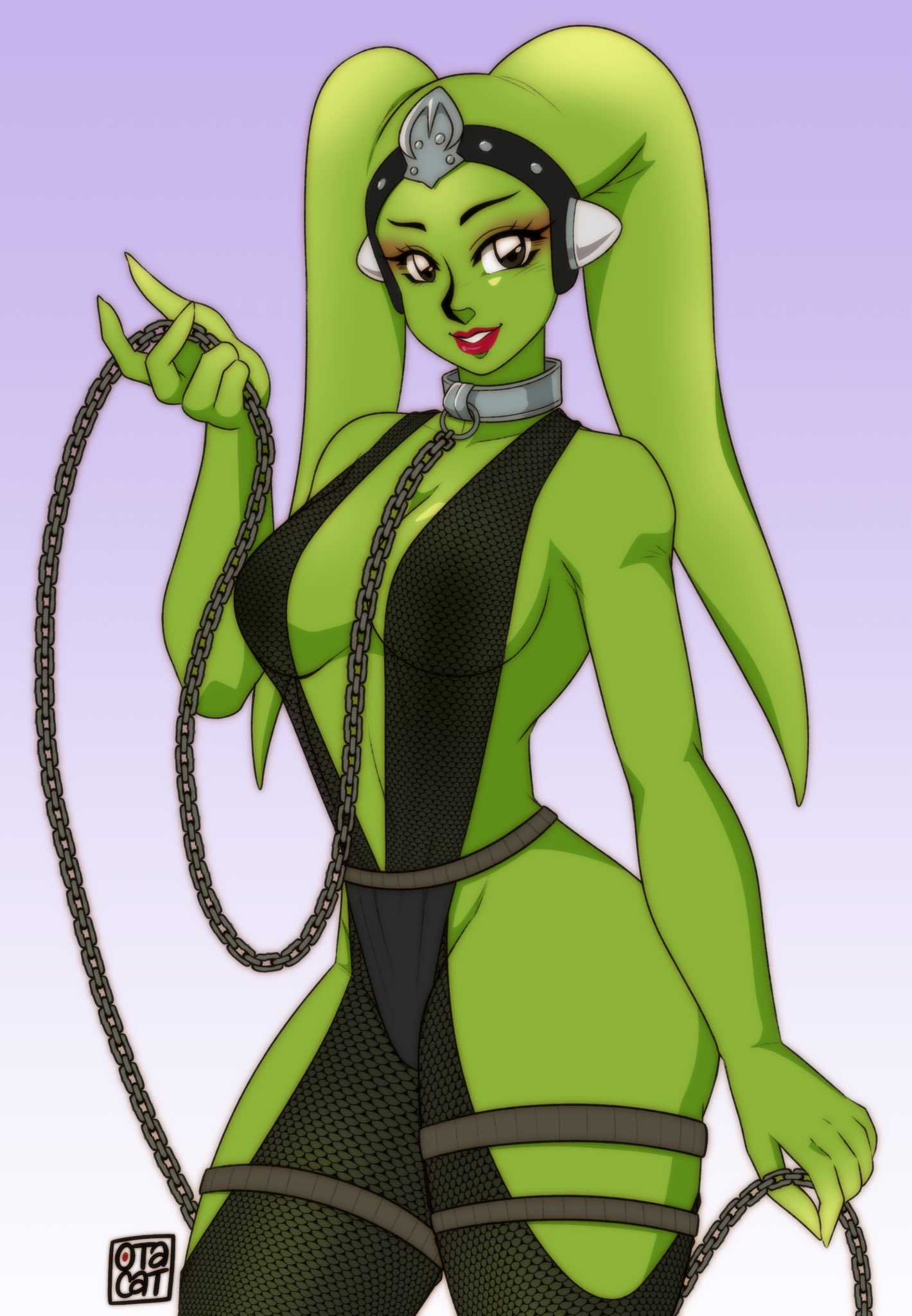 0tacat, 1girls, alien, alien girl, alien humanoid, alien only, arm up, bald, bald female, bare arms, bare ass, bare thighs, bodysuit, breasts, brown eyes, chain leash, chains, cleavage, dancer, dancer outfit, earmuffs, eyebrows, eyelashes, eyes, eyeshadow, female, female only, femsub, fingers, fishnet, fishnet bodysuit, gradient background, green skin, hands, happy, harem girl, harem outfit, headgear, headwear, holding leash, holding object, humanoid, humanoid only, large breasts, leash, lips, lipstick, looking at viewer, makeup, medium breasts, neckwear, oola, open eyes, pose, purple background, red lipstick, side view, sideboob, simple background, skimpy, slave, slave collar, slave girl, slave outfit, sleeveless, slim waist, smile, standing, star wars, submissive female, teeth, tentacle hair, thick thighs, thighs, twi'lek, voluptuous, watermark, wide hips