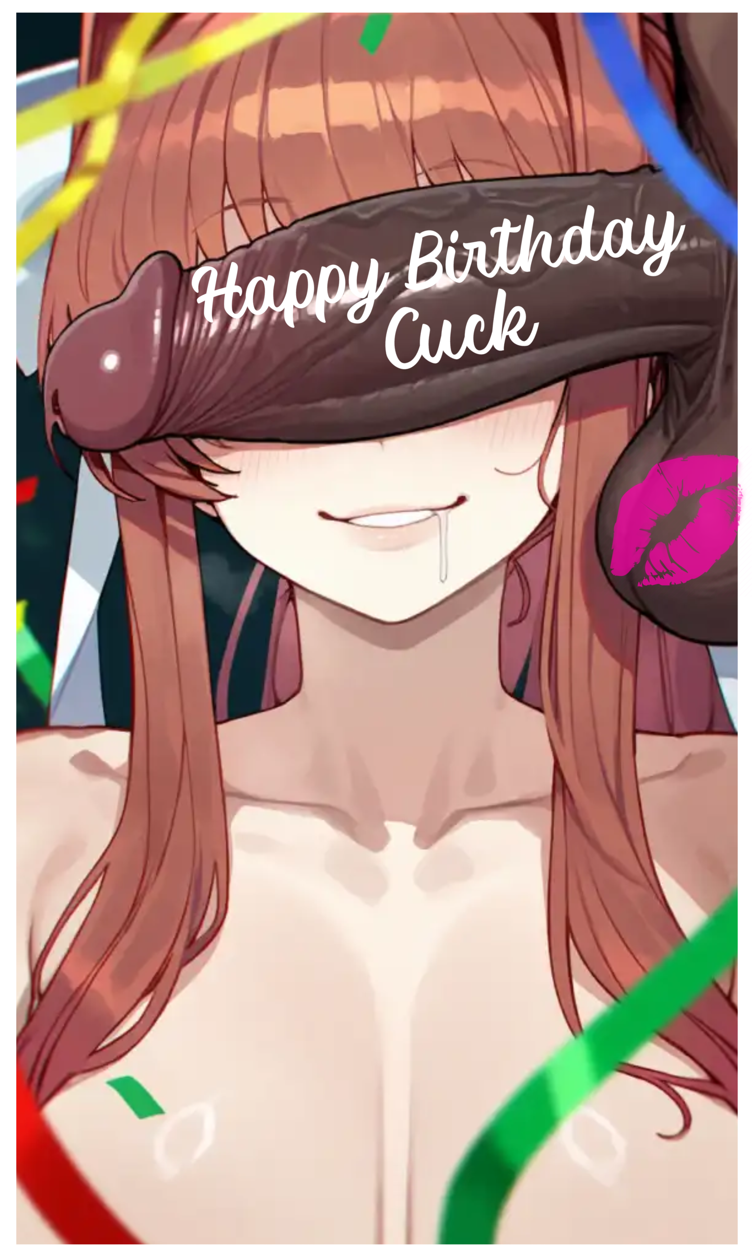 ai generated, alternate version at source, anonymous artist, balls, ballsack, birthday gift, birthday party, brown hair, cant see the haters, cheating, cheating girlfriend, close-up, closeup, cuckold, cuckold pov, cuckolding, dark-skinned male, doki doki literature club, drooling, female, fully nude, gift art, happy birthday, light-skinned female, lipstick mark, lipstick on balls, male, monika (doki doki literature club), netorare, obscured eyes, photo, pov, ribbons, second-party source, showing off, smirk, smirking at viewer, text, upper body focus, voluptuous female, white ribbon, writing
