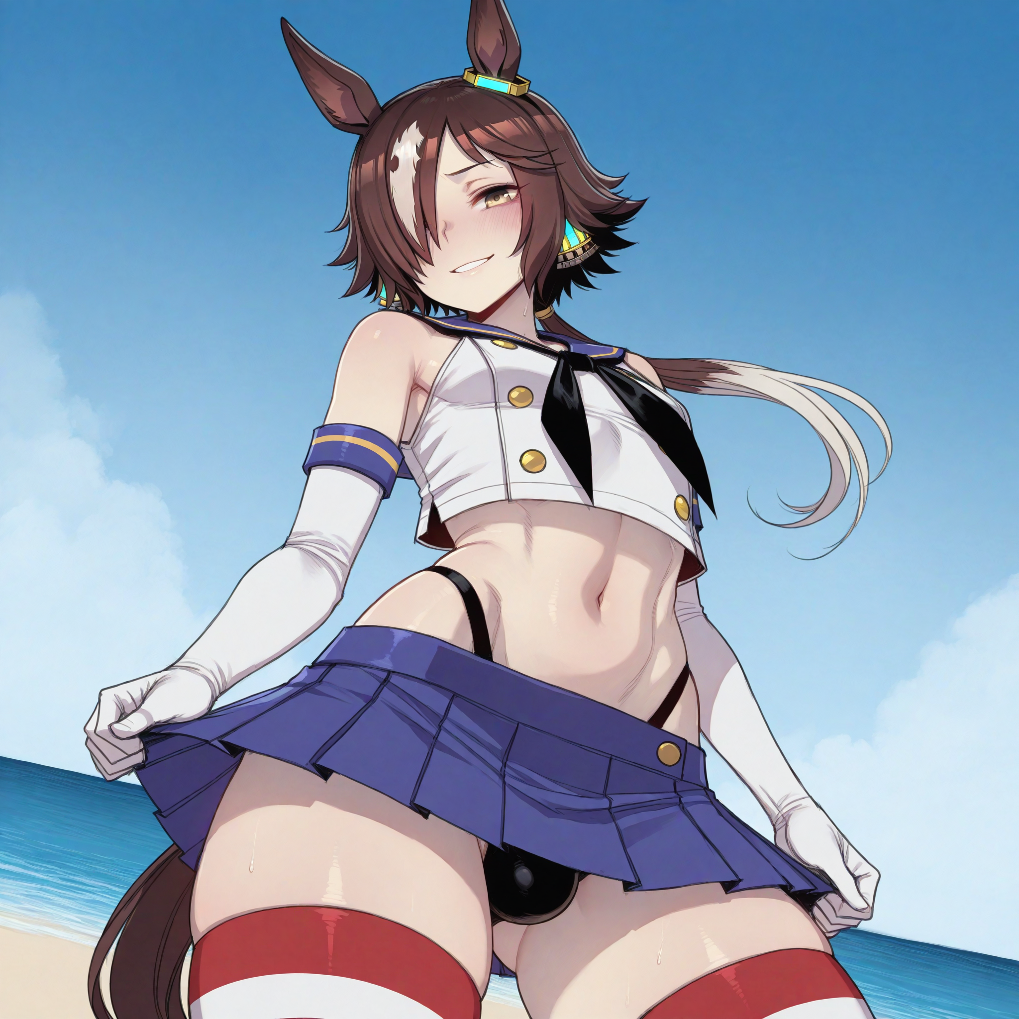 1boy, ai generated, beach, bedsheets, black neckerchief, brown eyes, brown hair, bulge, cowboy shot, crop top, elbow gloves, femboy, from below, hair over one eye, highleg panties, horse boy, horse ears, horse tail, low angle, low ponytail, microskirt, no1dea, sailor collar, sand, sea, shimakaze (kantai collection) (cosplay), skirt, skirt grab, smile, striped legwear, thighhighs, vodka (umamusume)