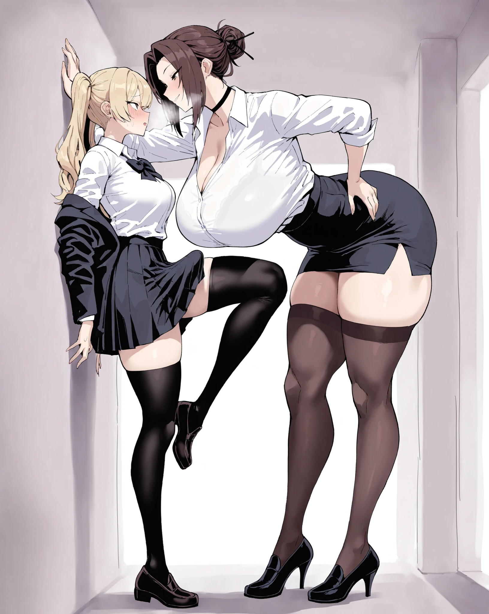 1futa, 1girl1futa, 1girls, 2025, absurd res, absurd resolution, absurdres, age difference, ai assisted, ai generated, blonde hair, blush, bra visible through clothes, breast size difference, breasts, brown hair, business suit, buttoned shirt, choker, cleavage, duo, erection under clothes, eye contact, face to face, female, flushed face, futanari, hair bun, heavy breathing, height difference, high heels, highres, huge breasts, intersex, kabedon, knee up, light-skinned female, light-skinned futa, loafers, looking at another, milf, mommy, office lady, original, pencil skirt, penis, see-through shirt, shirt off shoulders, side view, simple background, size difference, skirt, smile, smokeye, tall female, taller female, thick thighs, twintails, white shirt, wide hips