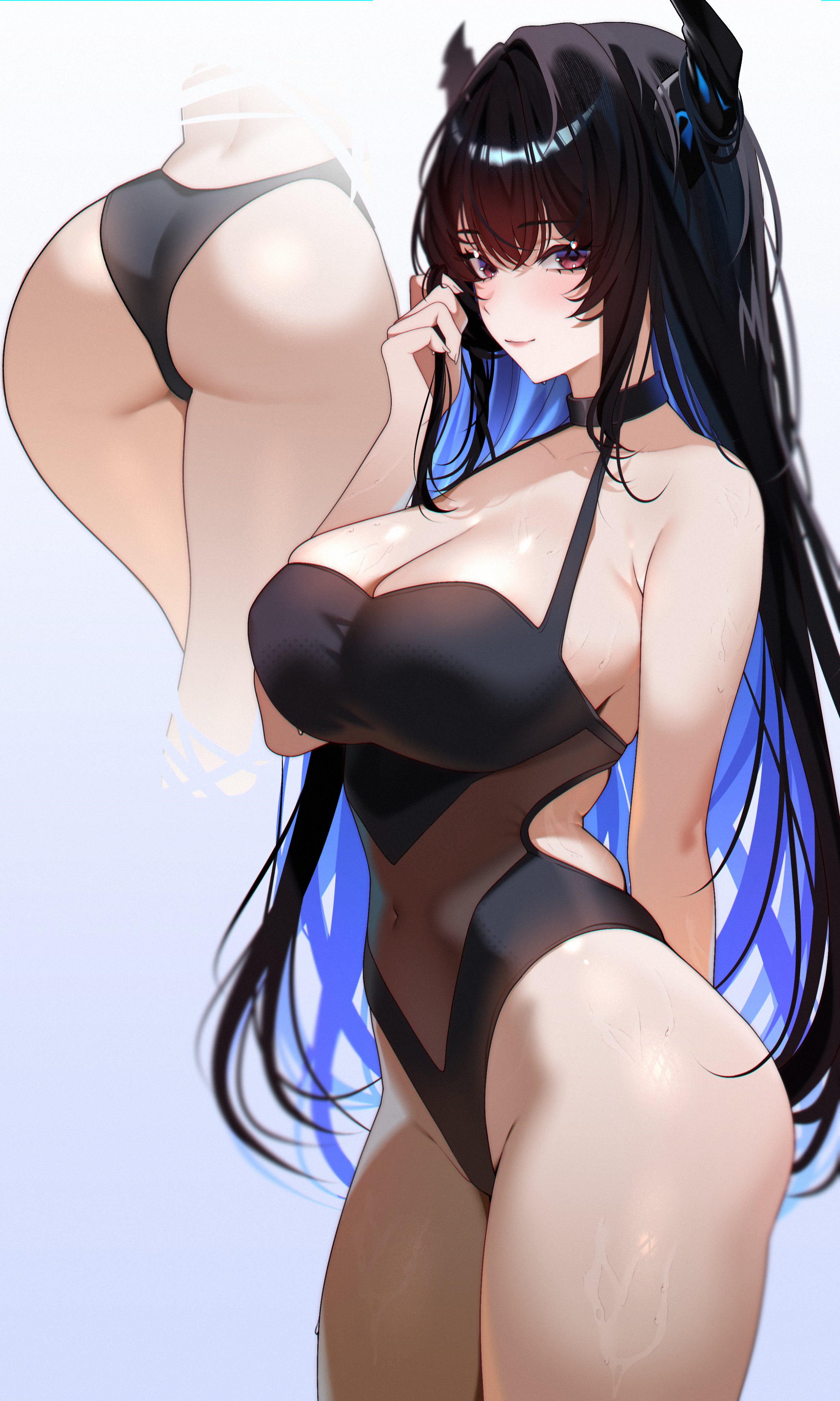 1girls, absurdres, alternate costume, armpit crease, ass, asymmetrical horns, black hair, black one-piece swimsuit, blunt bangs, blush, breasts, casual one-piece swimsuit, cleavage, colored inner hair, commentary, covered navel, demon horns, female, female only, groin, hair between eyes, halterneck, highleg, highleg one-piece swimsuit, highres, hololive, hololive english, hololive english -advent-, horns, large breasts, lips, long hair, looking at viewer, multicolored hair, multiple views, nerissa ravencroft, one-piece swimsuit, raituna, red eyes, see-through clothes, see-through one-piece swimsuit, simple background, swimsuit, thighs, twirling hair, two-tone hair, uneven horns, virtual youtuber