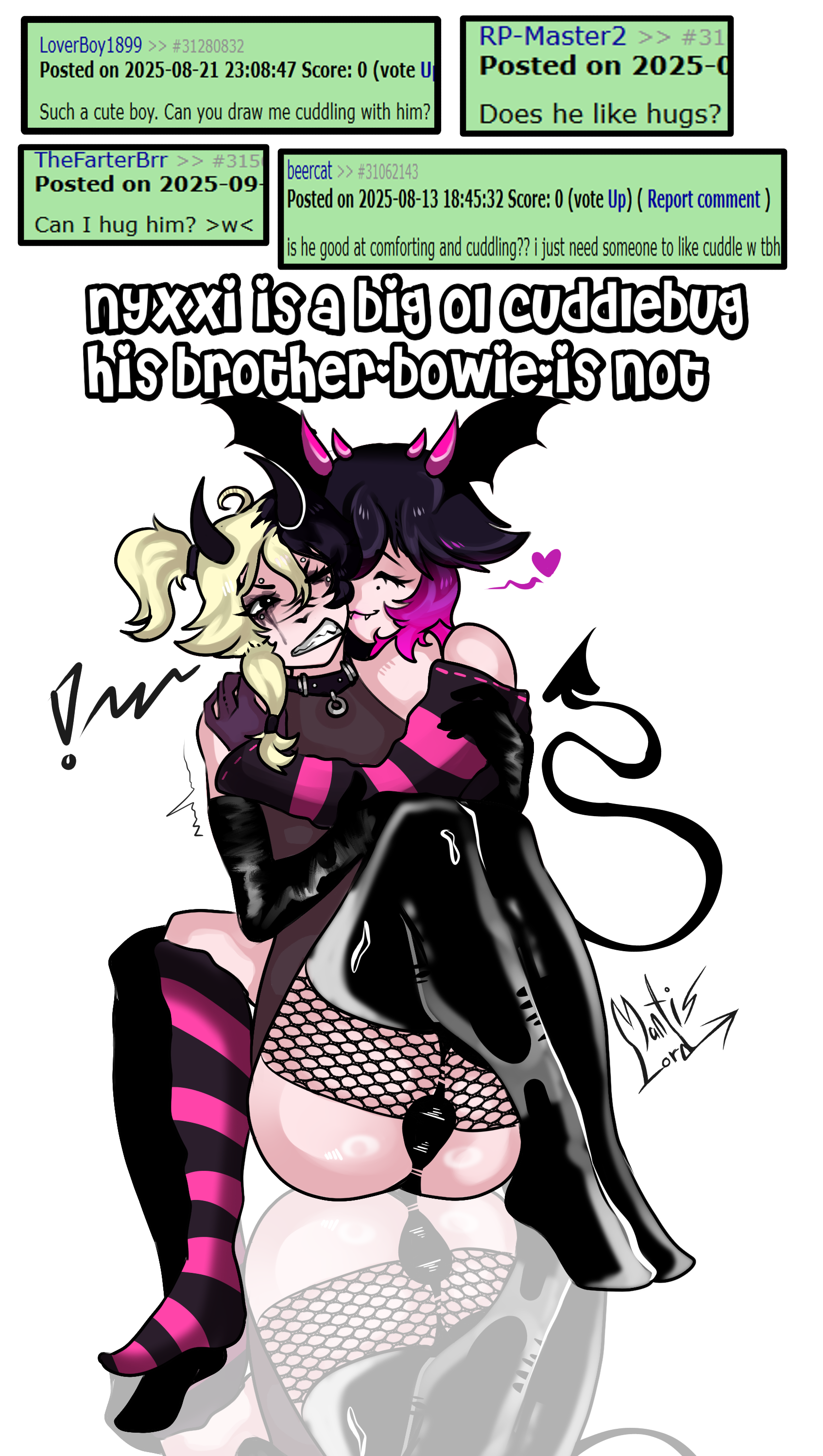 >:3, 2boys, ass, black eyes, black legwear, blonde hair, bowie, bulge, canine, clothed, collar, cute fang, dark hair, demon, demon boy, demon horns, demon humanoid, demon tail, demon wings, dog collar, dog tail, duo, erection, erection under clothes, erection under clothing, fangs, femboy, femboy on femboy, femboysub, fishnets, horn, horns, horny, incubus, latex, latex gloves, light skin, light-skinned male, male, male focus, male only, male/male, mantislord, nervous, nervous smile, nyxxi, original character, original characters, pale skin, pale-skinned male, pasties, piercing, piercings, pink eyes, self upload, standing, stockings, stripes, succubus, succubus horns, sweat, sweating, sweaty, swimsuit, tagme, thick, thick ass, thick thighs, thigh highs, thighhighs, thighs, thong, tongue, tongue out, tongue piercing, two-tone hair