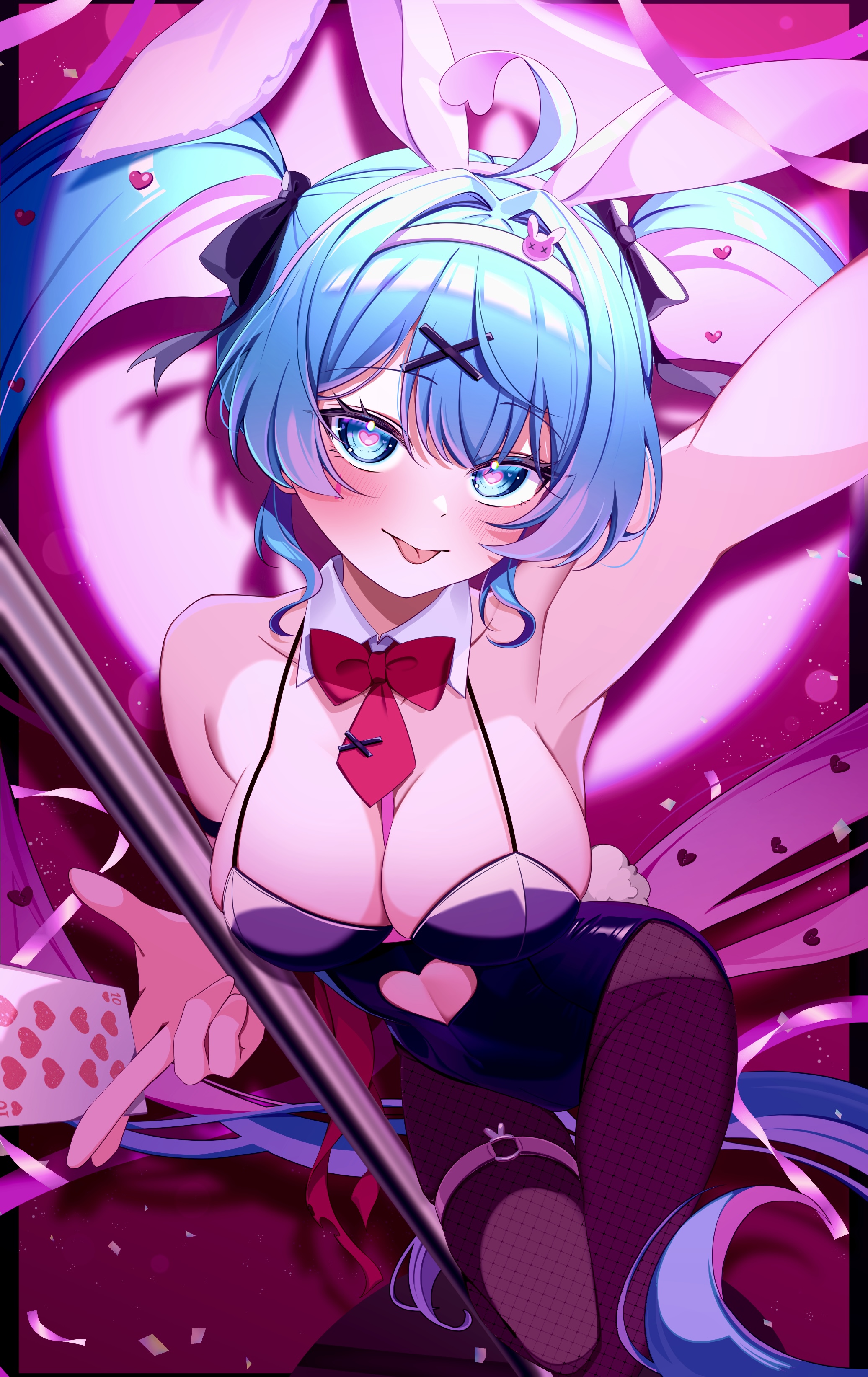 :p, 1girl, 1girls, ahoge, animal ears, armpits, bangs, bare shoulders, between breasts, blue eyes, blue hair, blush, bow, bowtie, breasts, bunny ears, bunnysuit, card, cleavage, clothing cutout, detached collar, fake animal ears, female, fishnet pantyhose, fishnets, hair ornament, hatsune miku, heart, heart-shaped pupils, holding, kano3, large breasts, leotard, long hair, looking at viewer, necktie, pantyhose, playboy bunny, playing card, pole, pole dancing, rabbit ears, rabbit hole (vocaloid), rabbit tail, solo, stripper pole, symbol-shaped pupils, tagme, tail, thigh strap, tongue, tongue out, twintails, very long hair, vocaloid, x hair ornament