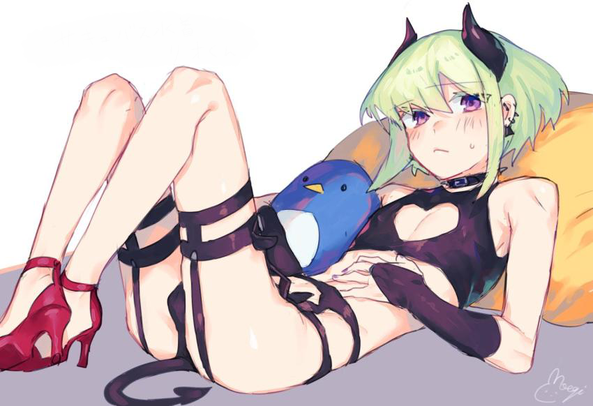 1boy, 2d, androgynous, blush, bob cut, boob window, breasts, color, crossdressing, embarrassed, femboy, femboy only, full color, heels, high heels, lio fotia, male, male only, on bed, petite, petite body, petite male, promare, short hair, slim, slim male, slim waist, solo, succubus costume, succubus horns, succubus tail, tagme (artist), twink, unknown artist