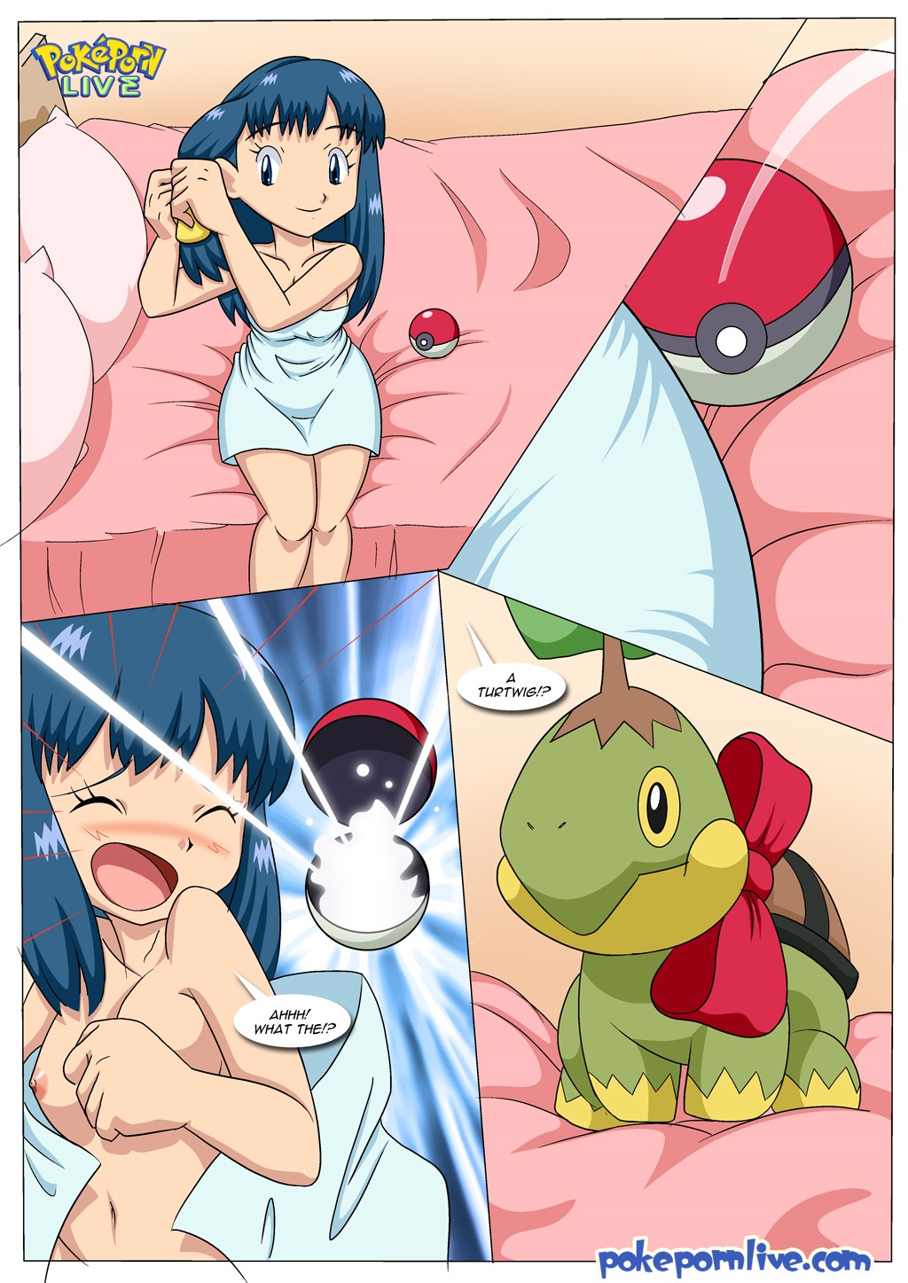 blush comic dawn_(pokemon) female human nintendo nipple nude palcomix poke_ball pokecomic pokemon pokepornlive ribbon turtwig video_games