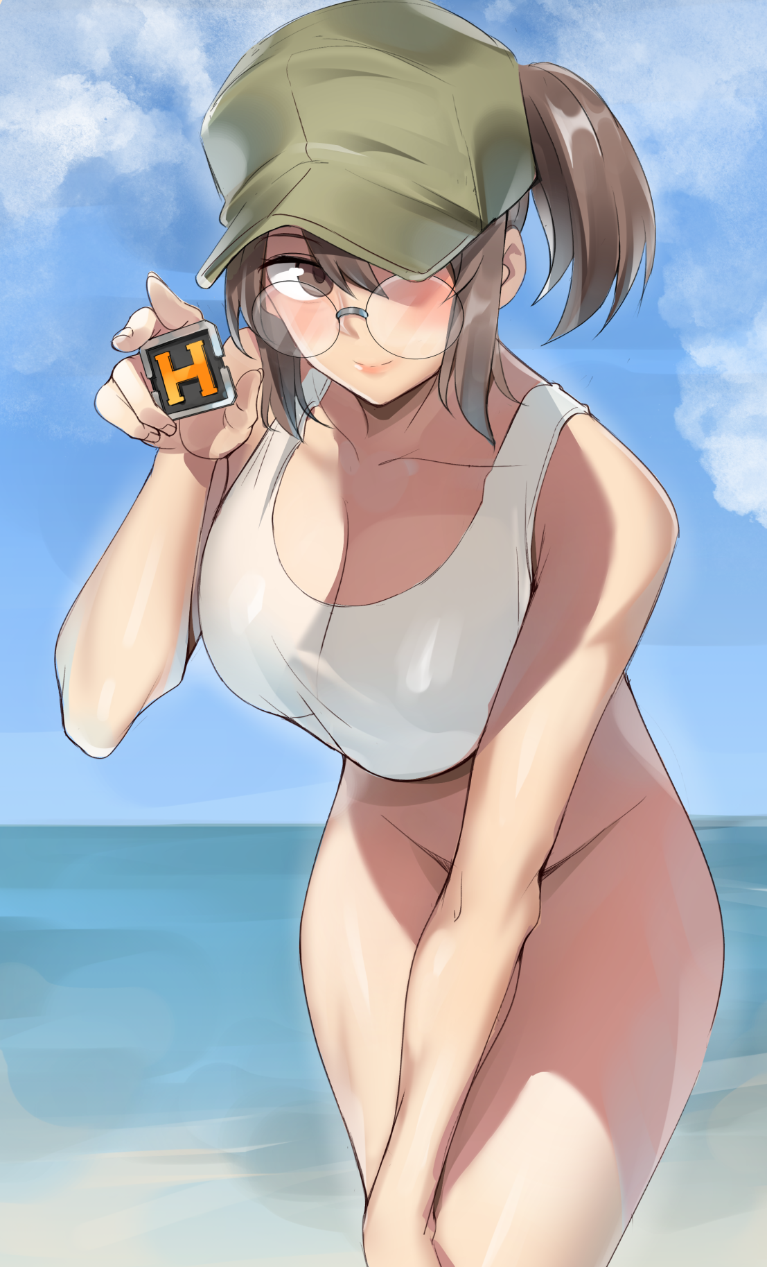 ayakumo, beach, bottomless, female, fio germi, fit female, glasses, hat, metal slug, ponytail, sports bra