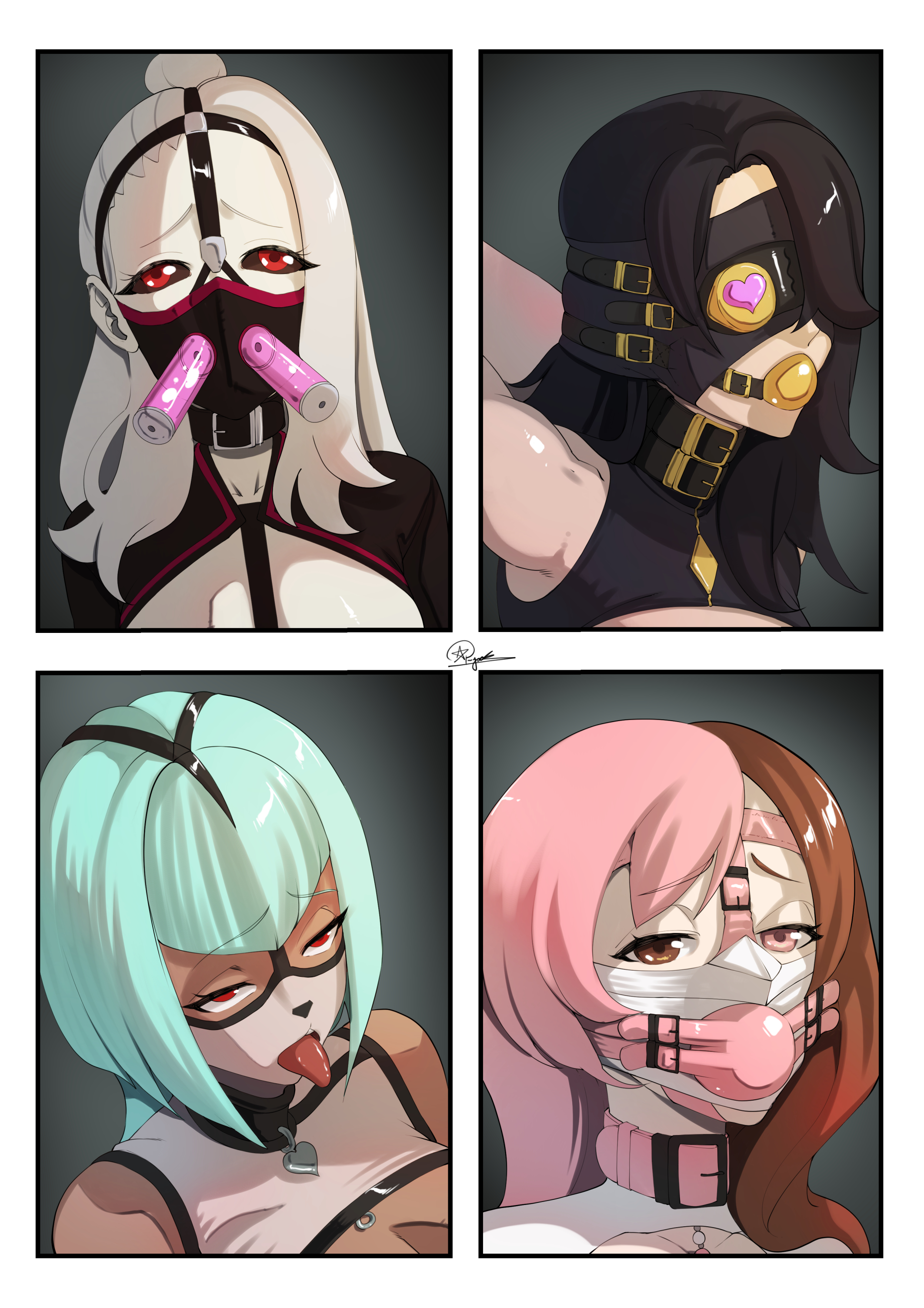 4girls, apocalipsejack, ball gag, black hair, bondage, breathplay, cinder fall, collar, collared, dark-skinned female, emerald sustrai, female, female only, gag, gagged, gagged female, green hair, harness gag, latex, multiple females, multiple girls, muzzle, muzzle gag, muzzled, neo (rwby), pink hair, posture collar, ring gag, rwby, salem (rwby), white hair