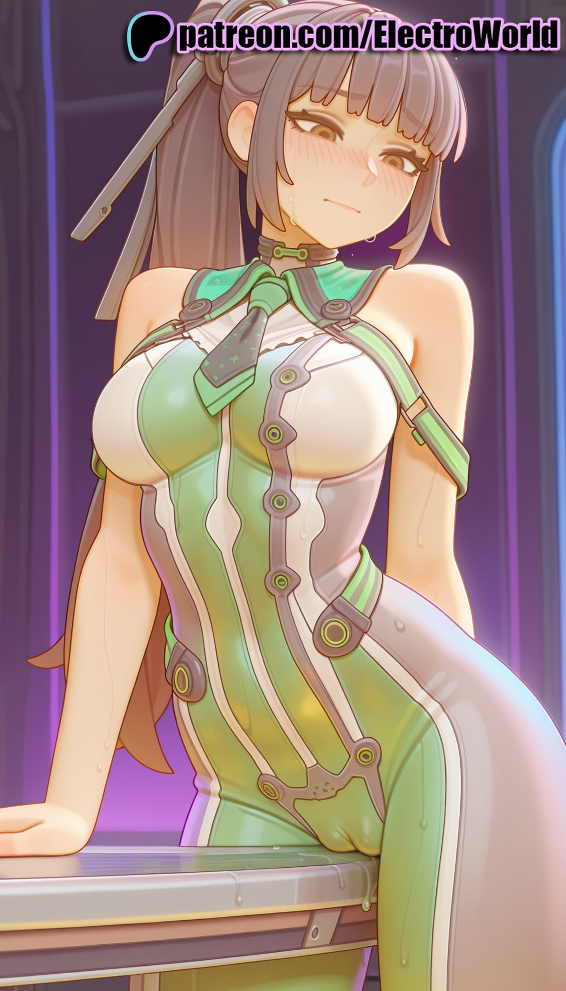 1girls, 2025, ai generated, artist name, bangs, bare shoulders, blunt bangs, blush, breasts, brown hair, bust, chest, clitoris, corner masturbation, crotch rub, electroworld, eve (stellar blade), female, hi res, high quality, high resolution, highres, humping, long hair, masturbation, patreon, patreon username, ponytail, pussy, rubbing clitoris, rubbing pussy, solo, stable diffusion, stellar blade, sweat, table humping, watermark
