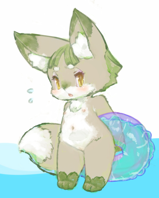 bigger_version_at_the_source breasts brown_eyes canine chibi clothing cotora cute female flat_chested fox fur green_hair grey_fur hair kemono mammal nipples nude open_mouth pussy underwear