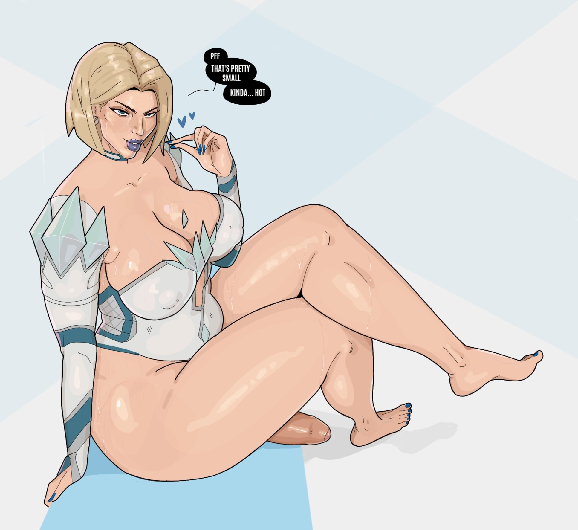 1futa, 2d, blonde futa, blonde hair, breasts, cleavage, crullet, dialogue, emma frost, emma frost (marvel rivals), futa only, futanari, huge breasts, huge cock, human, intersex, large breasts, light skin, light-skinned futa, looking at viewer, markings, marvel, marvel comics, marvel rivals, penis, sitting, solo, solo futa, talking to viewer, text, video game character, video game franchise
