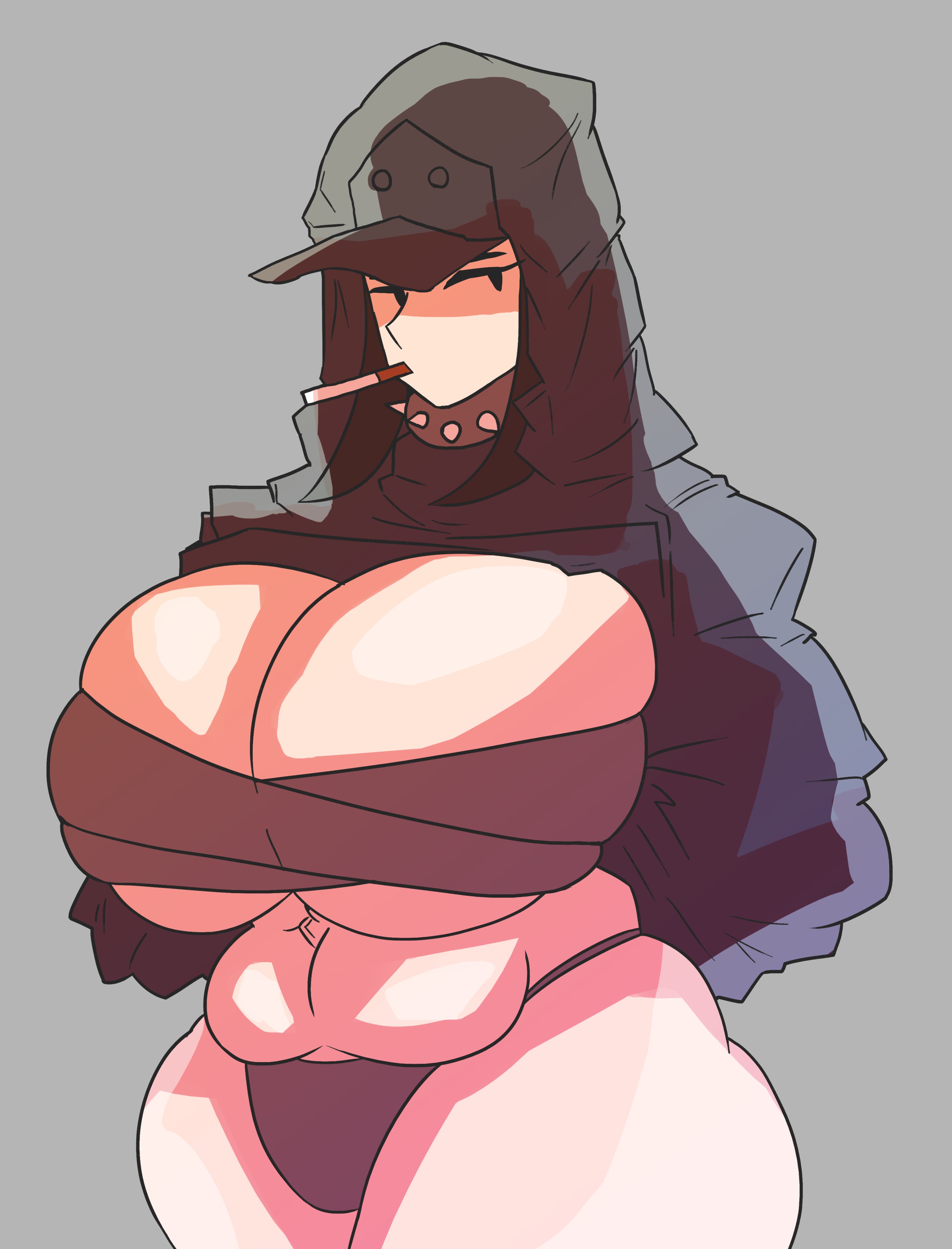 1girls, 925kyohei, abdominals, abs, arms behind back, bandages around breasts, belly, belly button, big breasts, big cleavage, big hips, big thighs, black eyes, black hair, black hat, black jacket, breasts, cassette girl, cigarette, cigarette in mouth, cleavage, eyelashes, female, grey background, headgear, headwear, high resolution, highres, huge breasts, huge hips, huge thighs, jacket, jacket lift, looking at viewer, musclegut, muscular, muscular female, newgrounds, smoking, smoking cigarette, solo, solo female, spiked collar, strong female, strong woman, strongfat, thong, voluptuous, voluptuous female