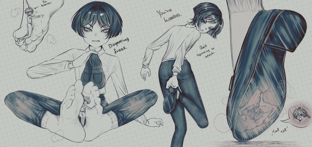 2boys, aether (genshin impact), ankle socks, anklehighs, better version at source, black and white, clothed, degradation, feet, foot fetish, footwear, gay, genshin impact, higher resolution available, humiliation, inshoe, insole, insult, larger male, macro, male, male only, micro, office, office clothing, scaramouche (genshin impact), shoes, shoes removed, smaller male, socks, soles, speech bubble, stinkvis, talk, toes, used as an insole, verbal domination, white socks